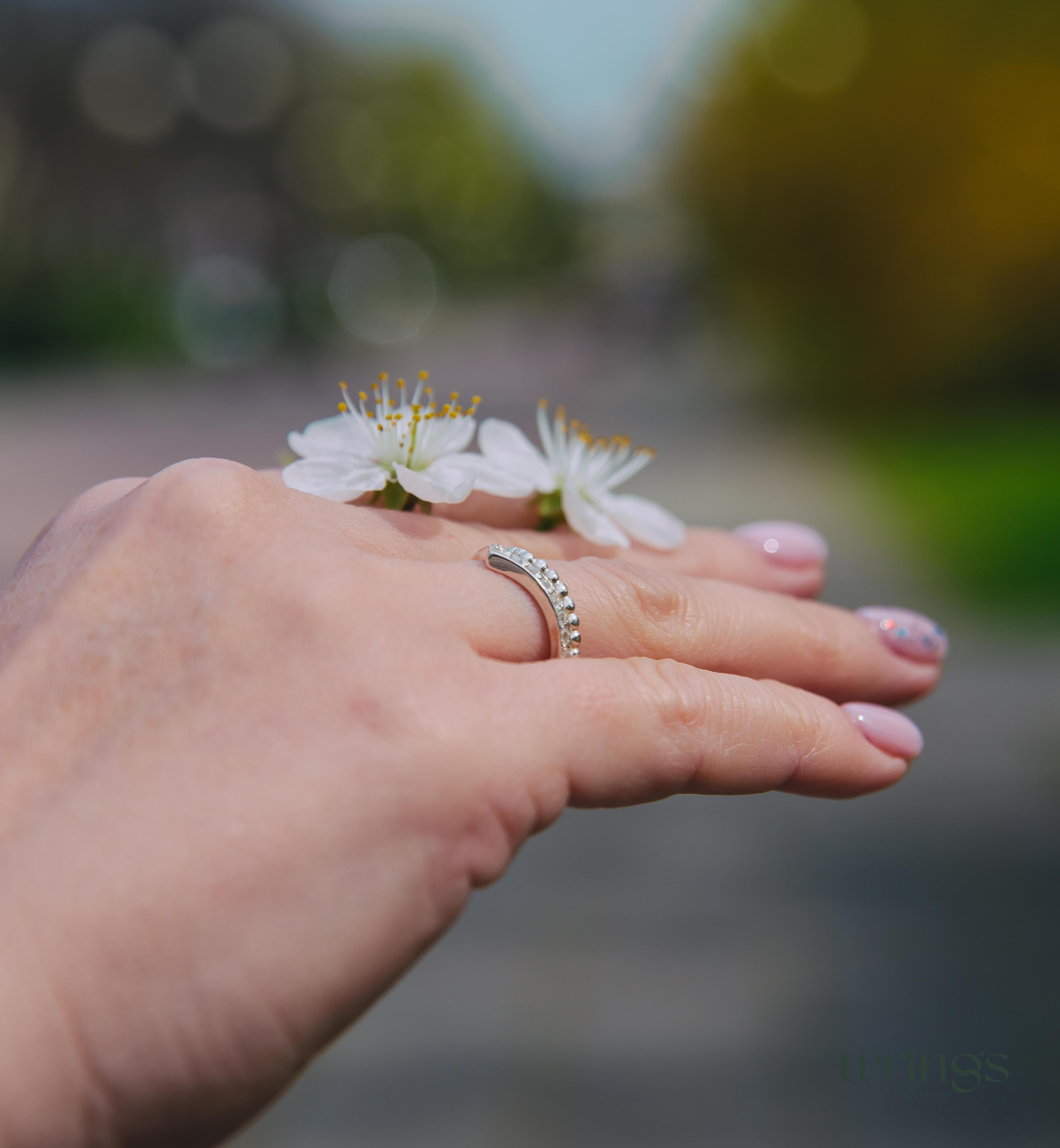 Natural Diamonds in Beaded Silver Chevron Wedding Ring