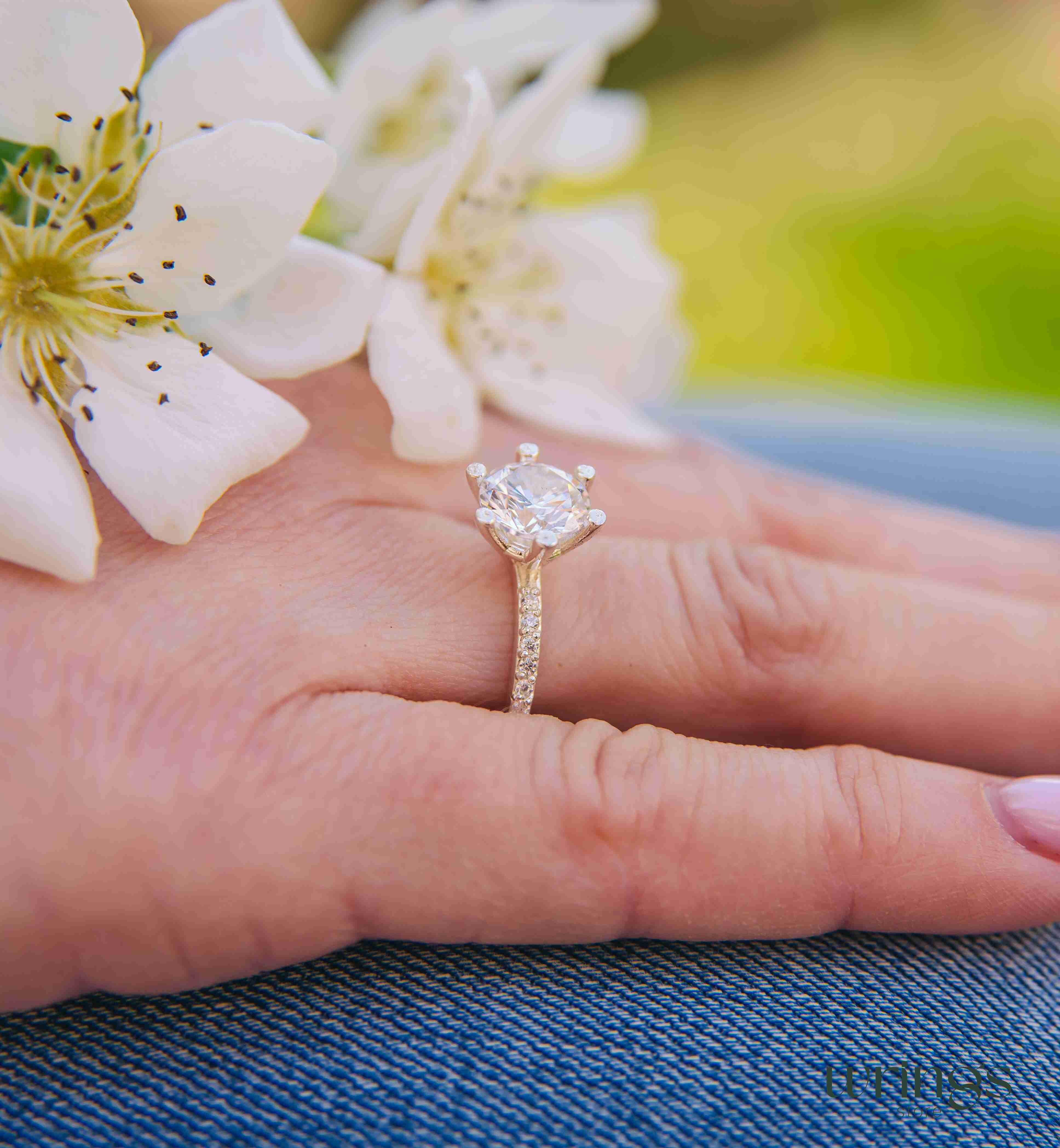 Custom Cubic Zirconia Side Stone Engagement Ring Silver