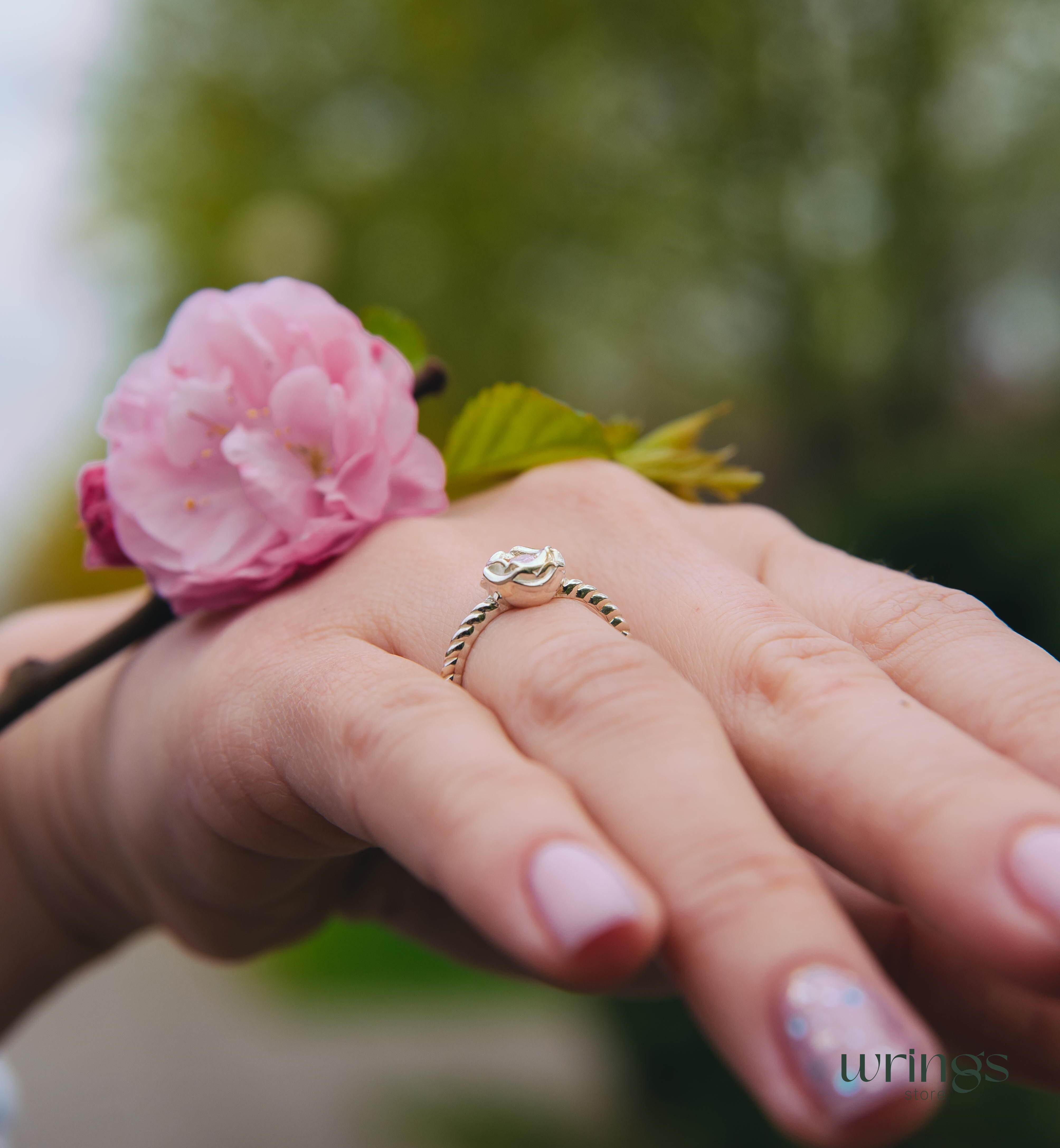 Sterling Silver Flower Ring with Simulated Rose Quartz