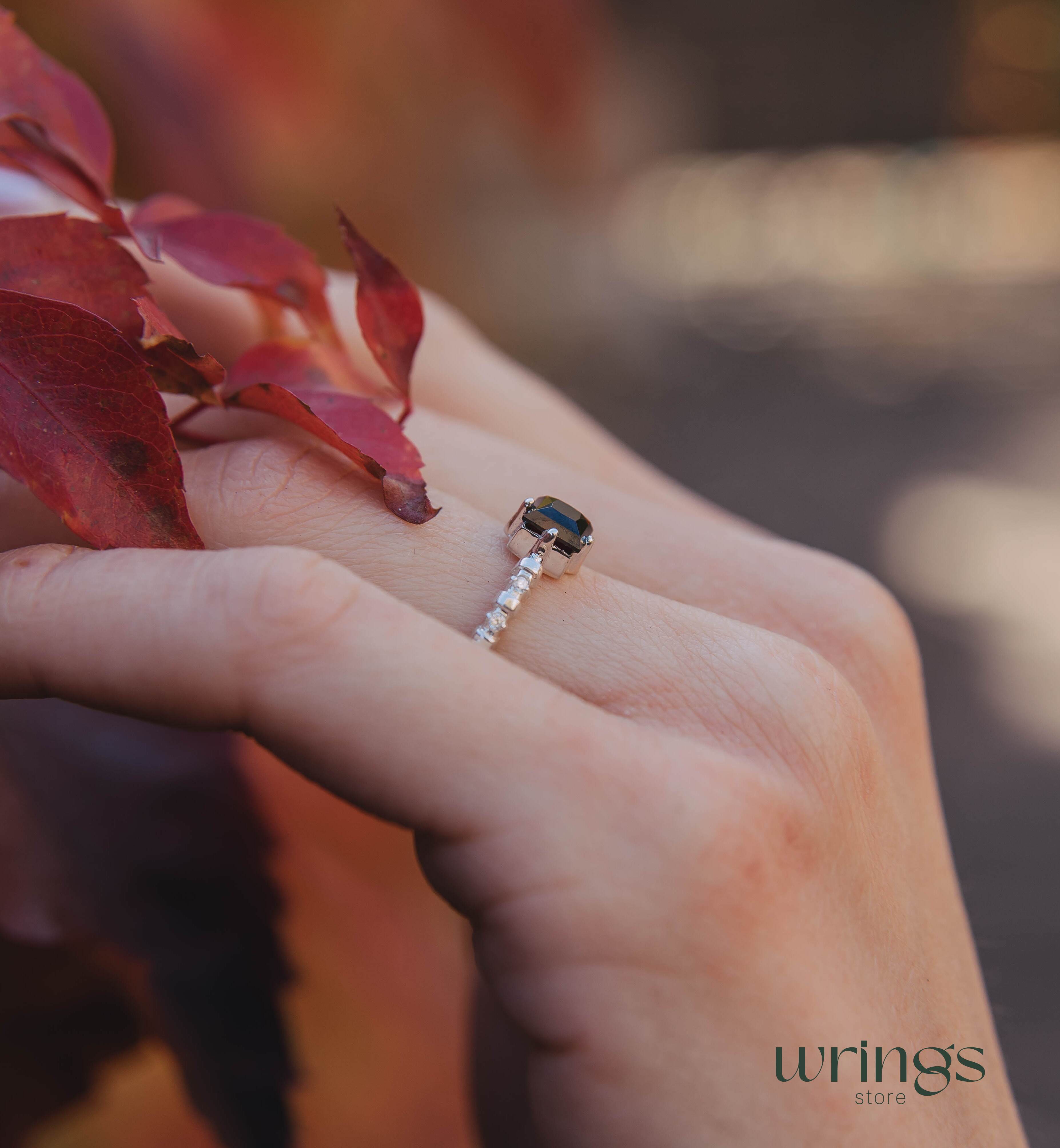 Square cut Garnet Engagement Ring Silver Beaded Band & CZ