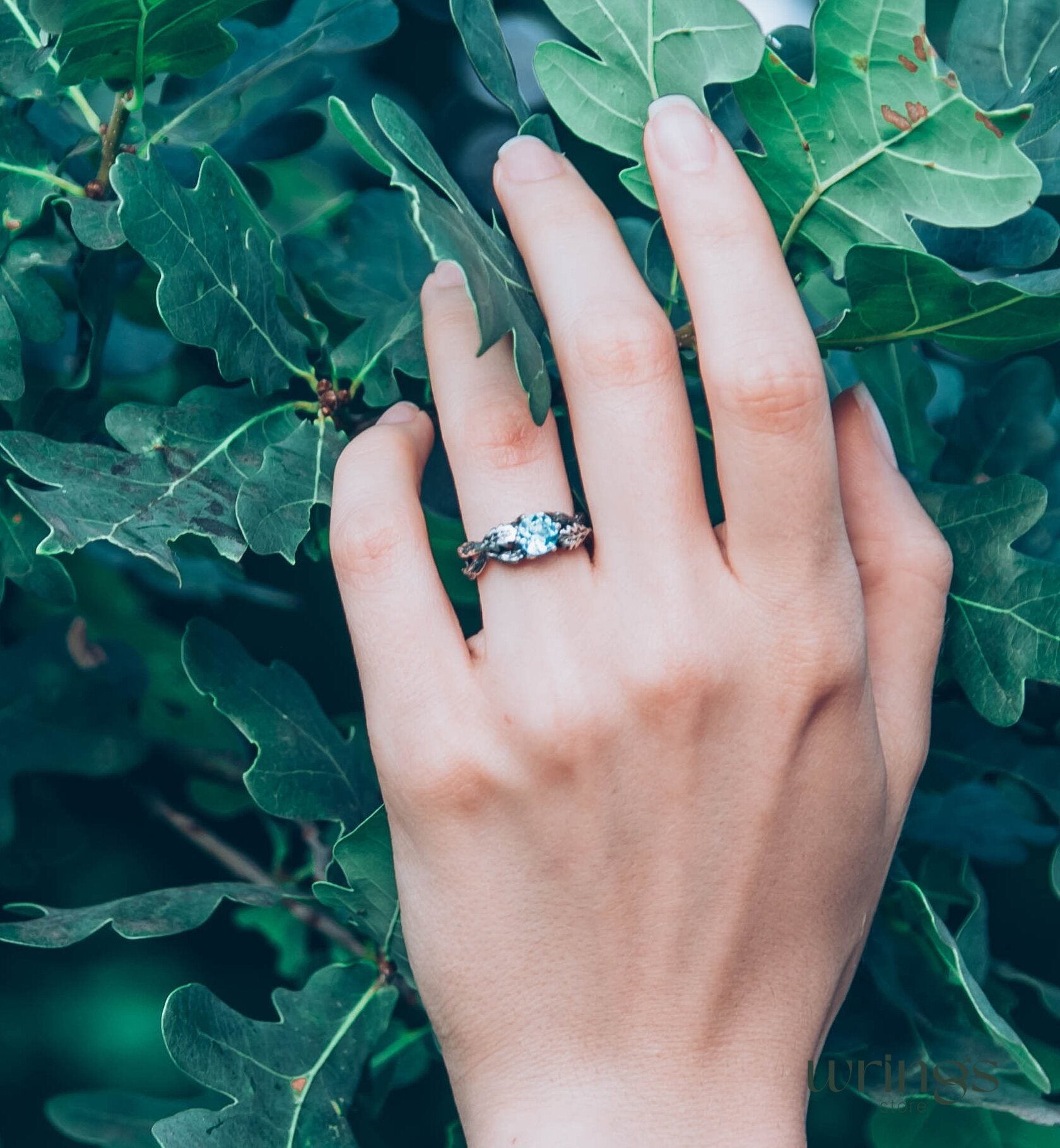 Topaz Engagement Ring — Silver Braided Branch and oak Leaves