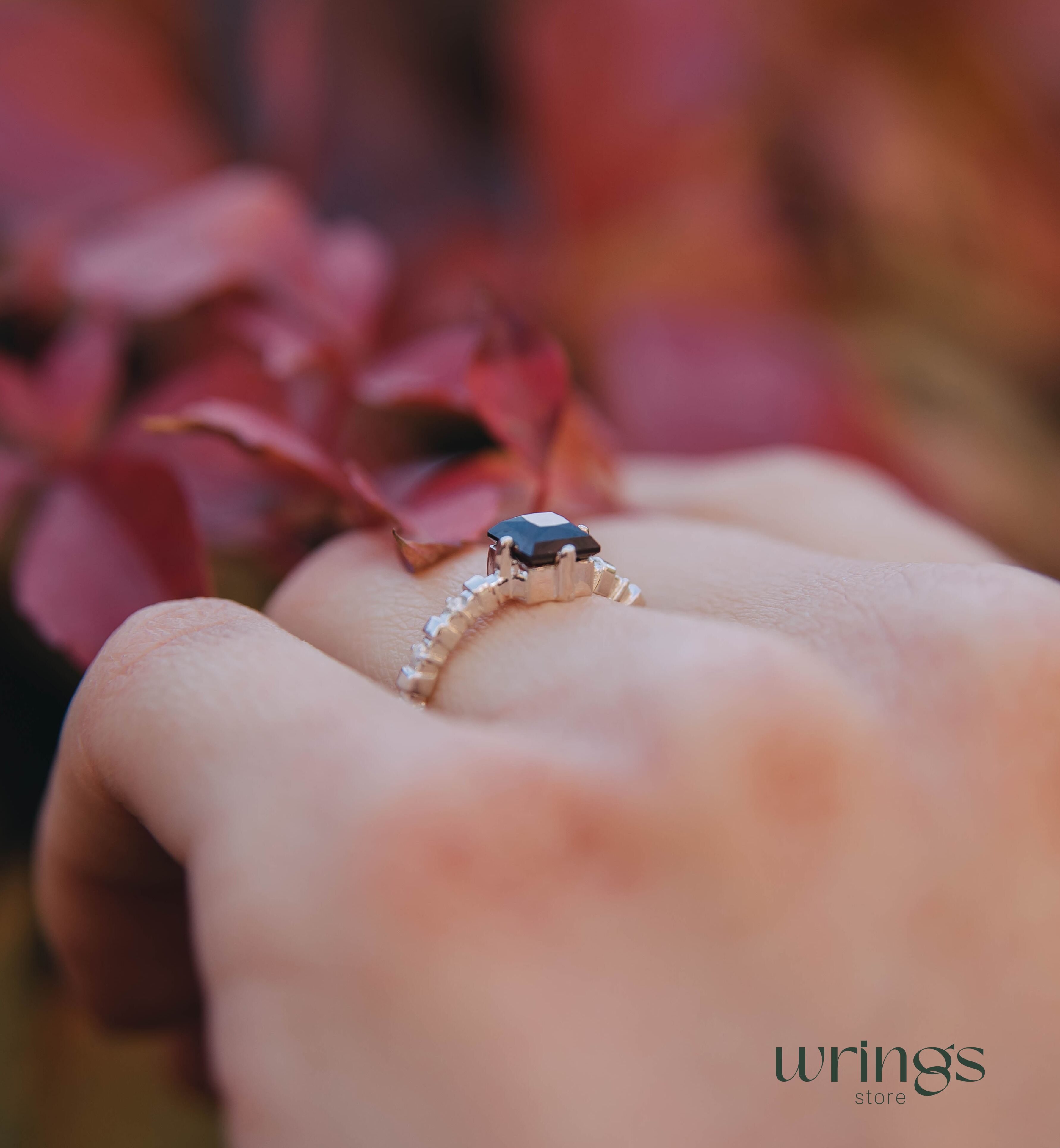 Square cut Garnet Engagement Ring Silver Beaded Band & CZ