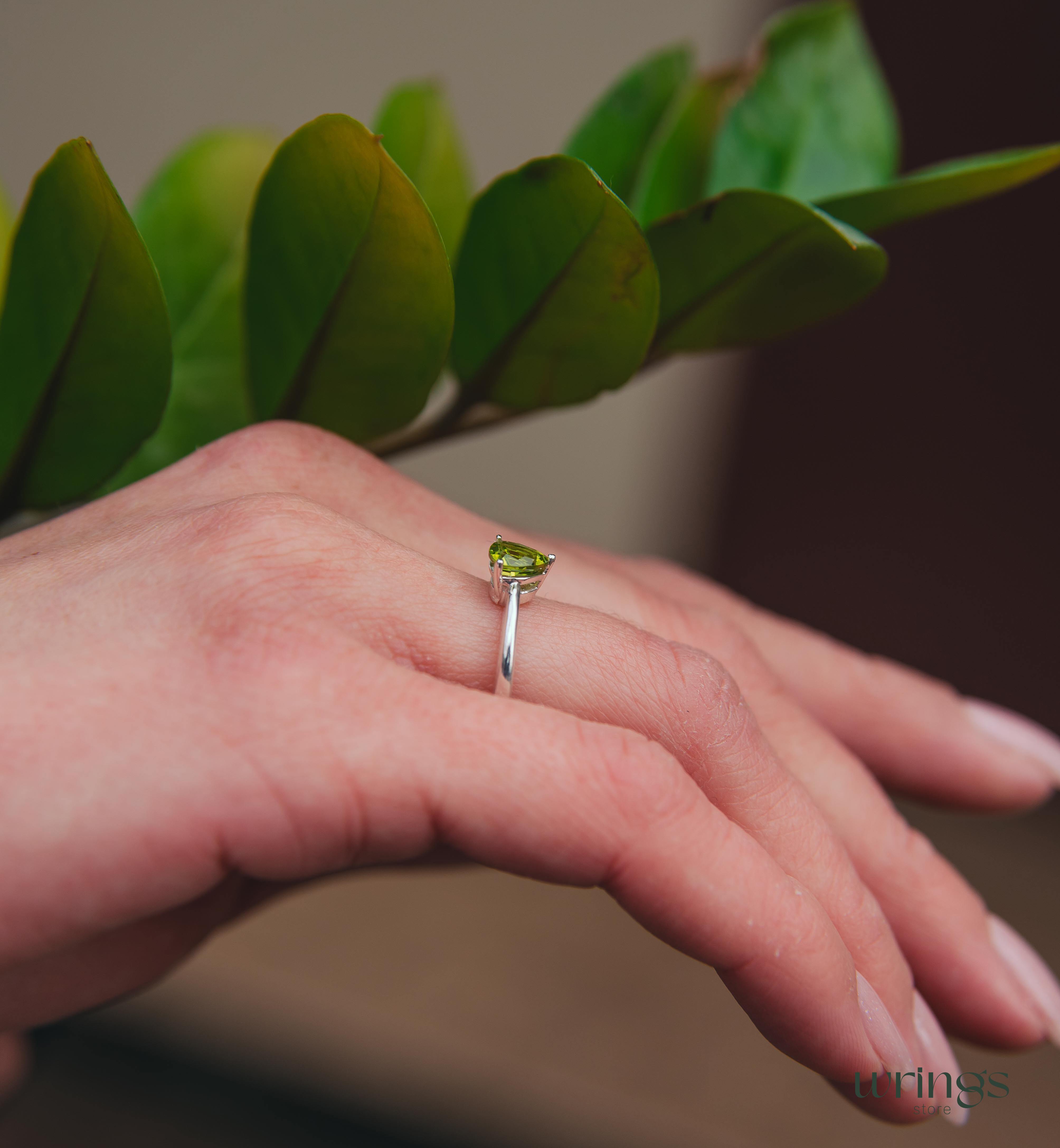 Classic Trilliant Solitaire Peridot Engagement Ring Silver