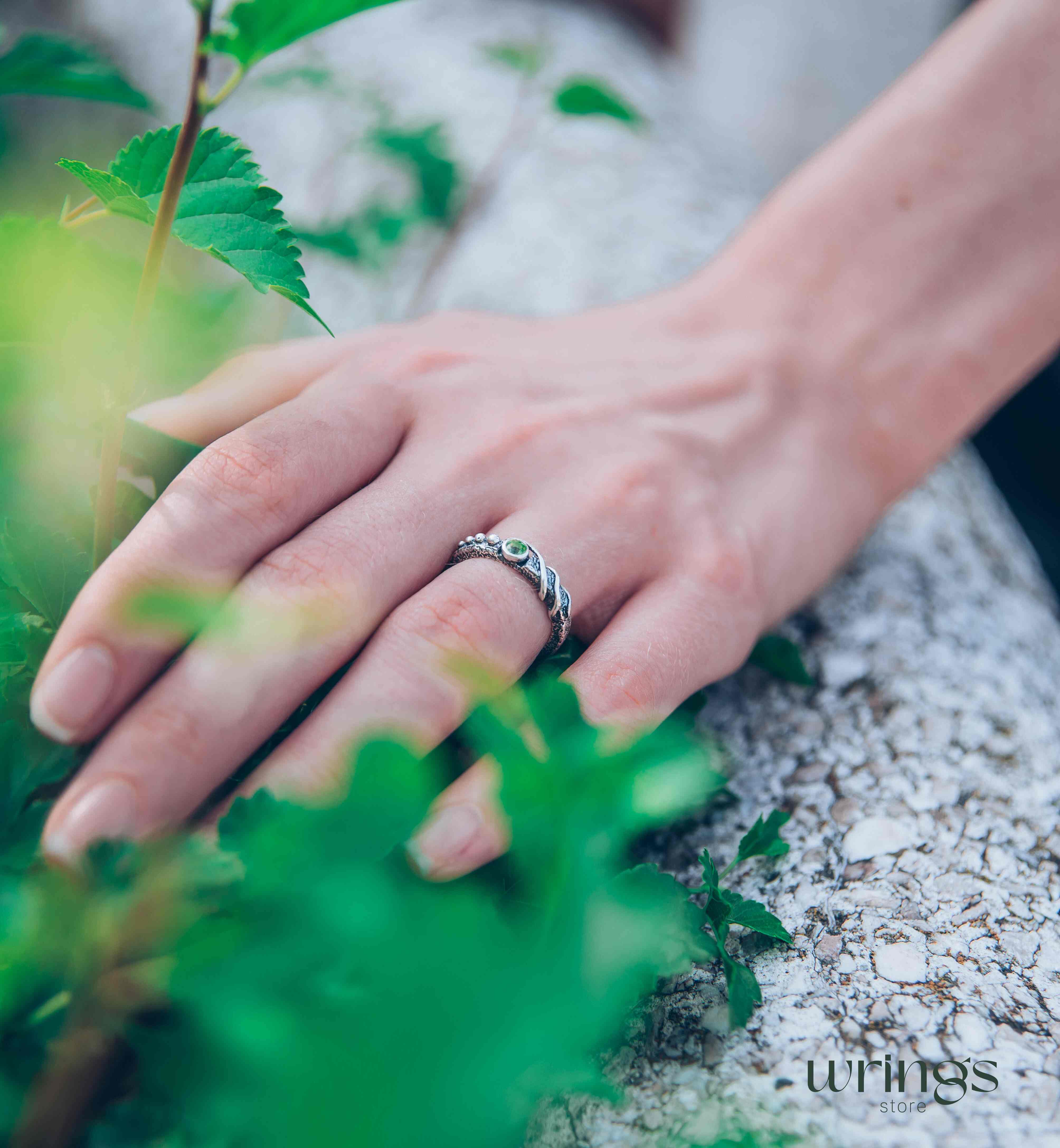 Modern Wild twisted Silver Engagement Ring with Peridot