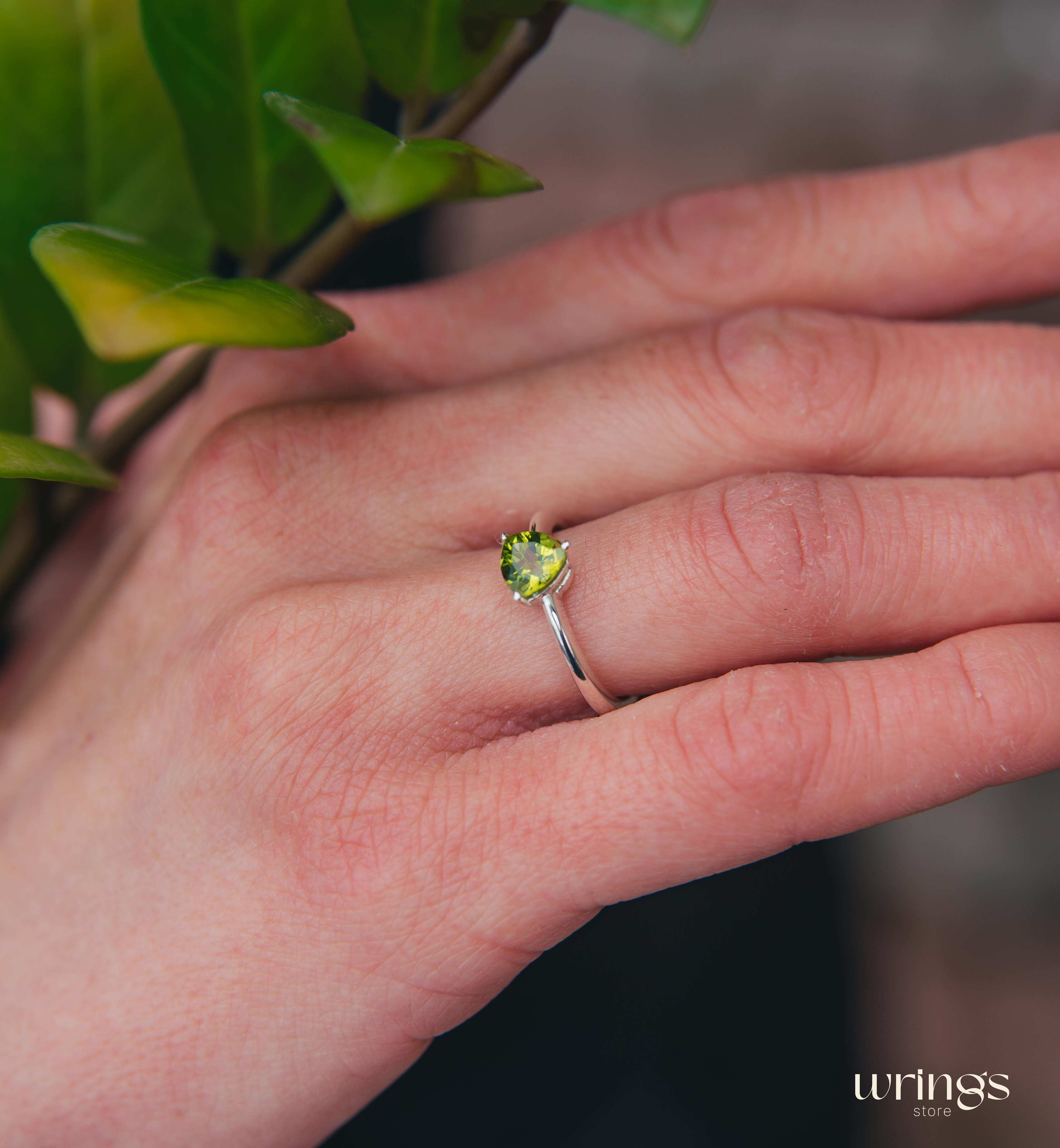 Classic Trilliant Solitaire Peridot Engagement Ring Silver