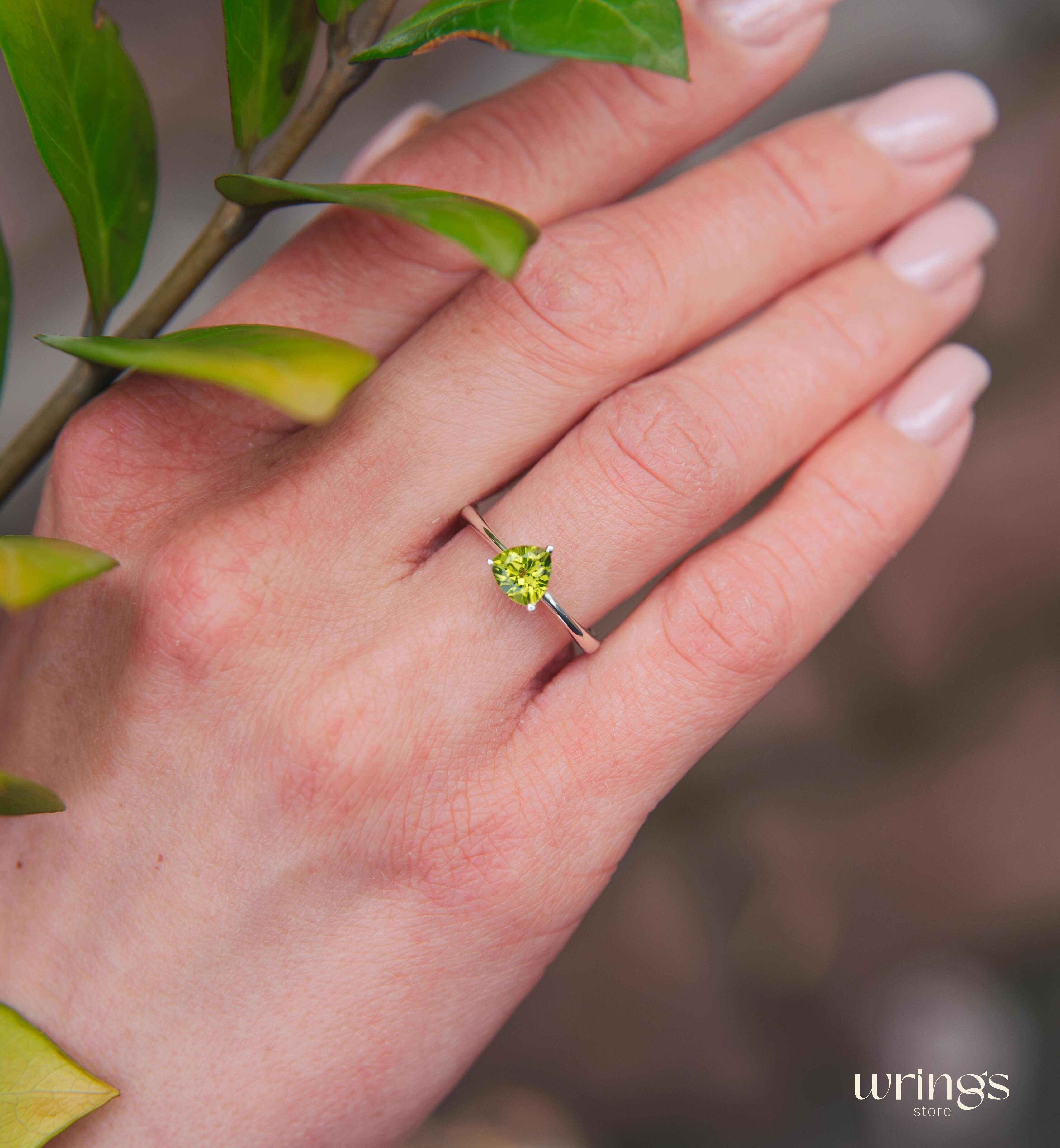 Classic Trilliant Solitaire Peridot Engagement Ring Silver