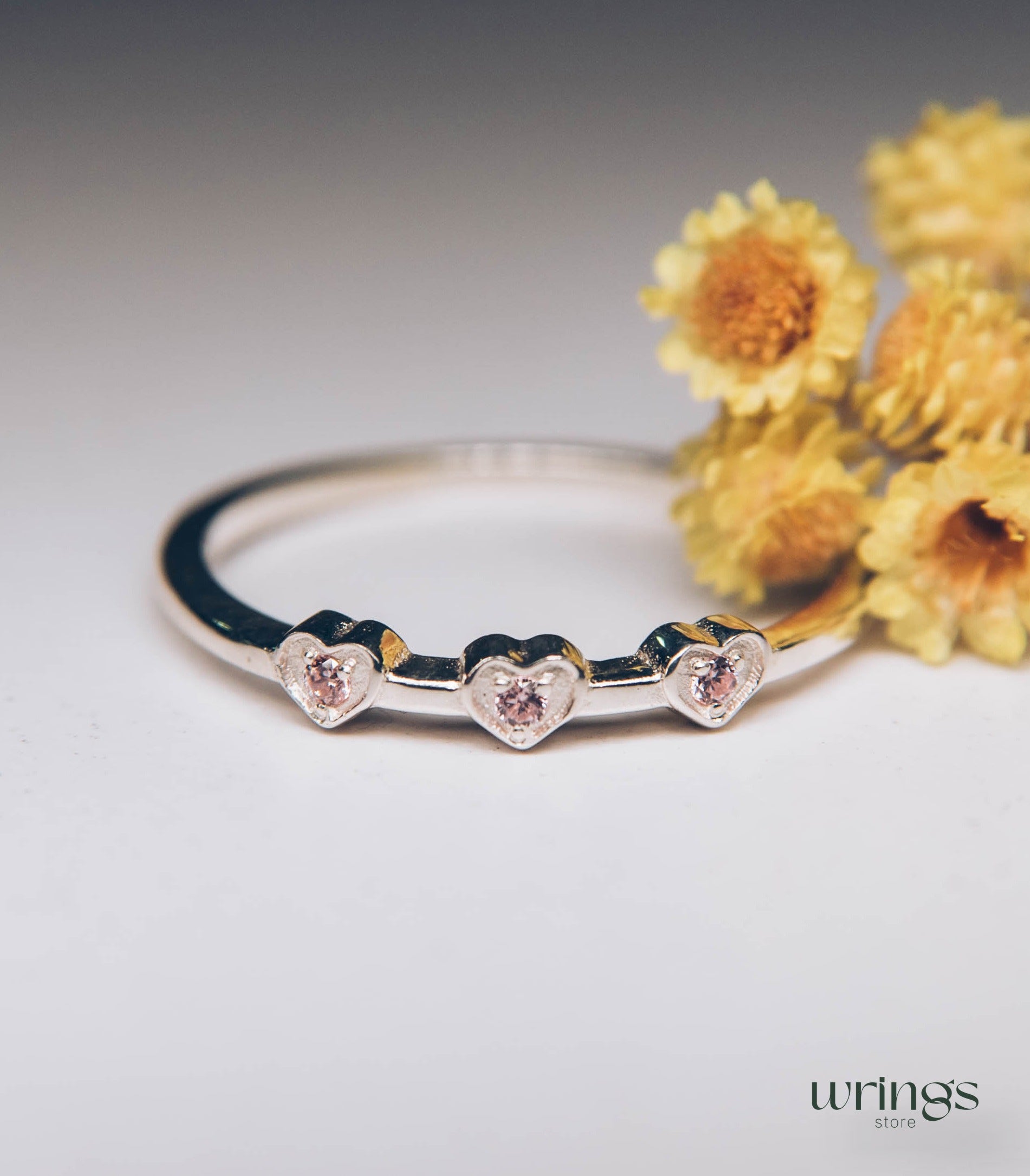 3 Hearts with Simulated Rose Quartz Silver Love Ring