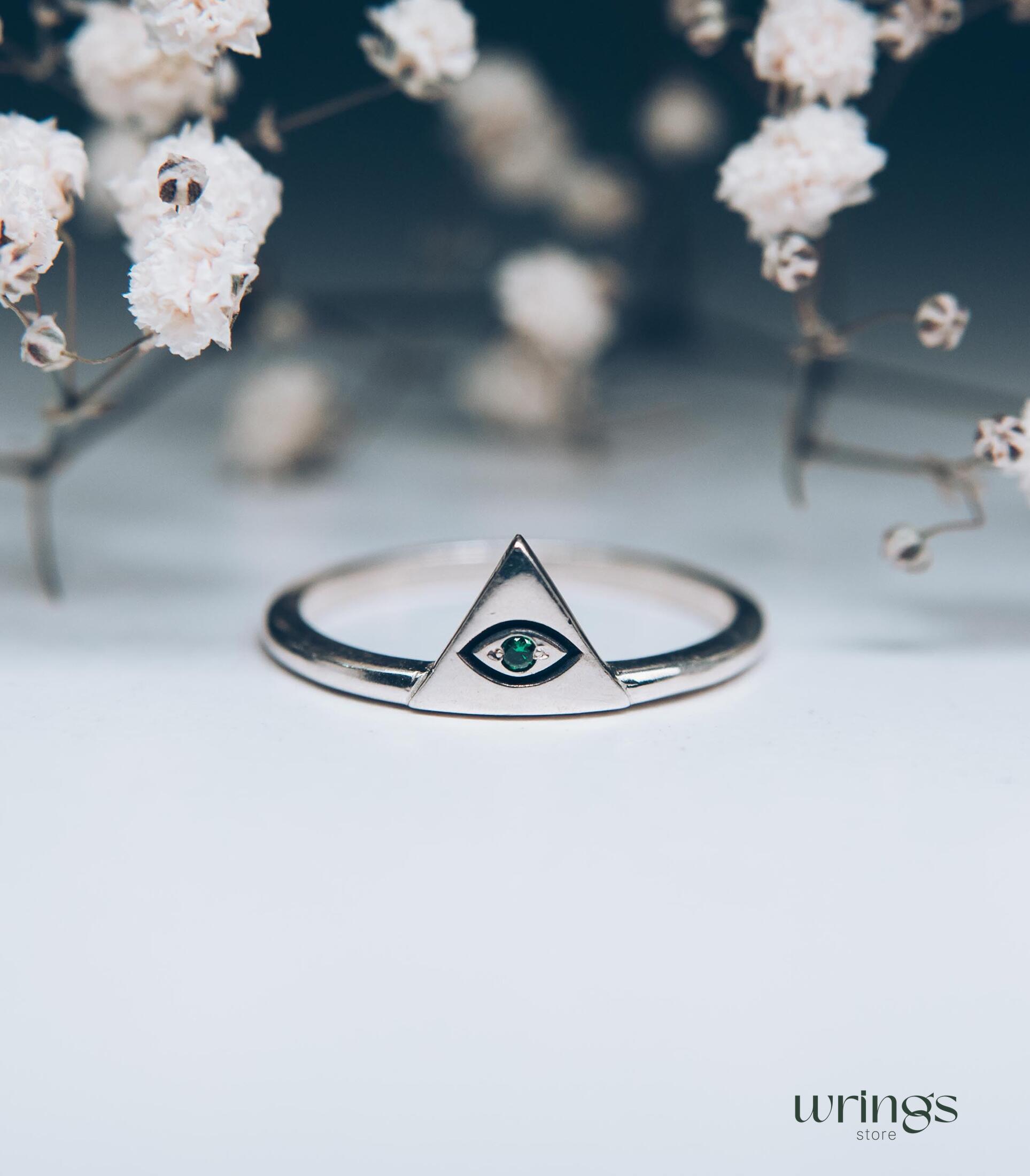 Green Stone Evil Eye Karma Ring Silver Triangle Design