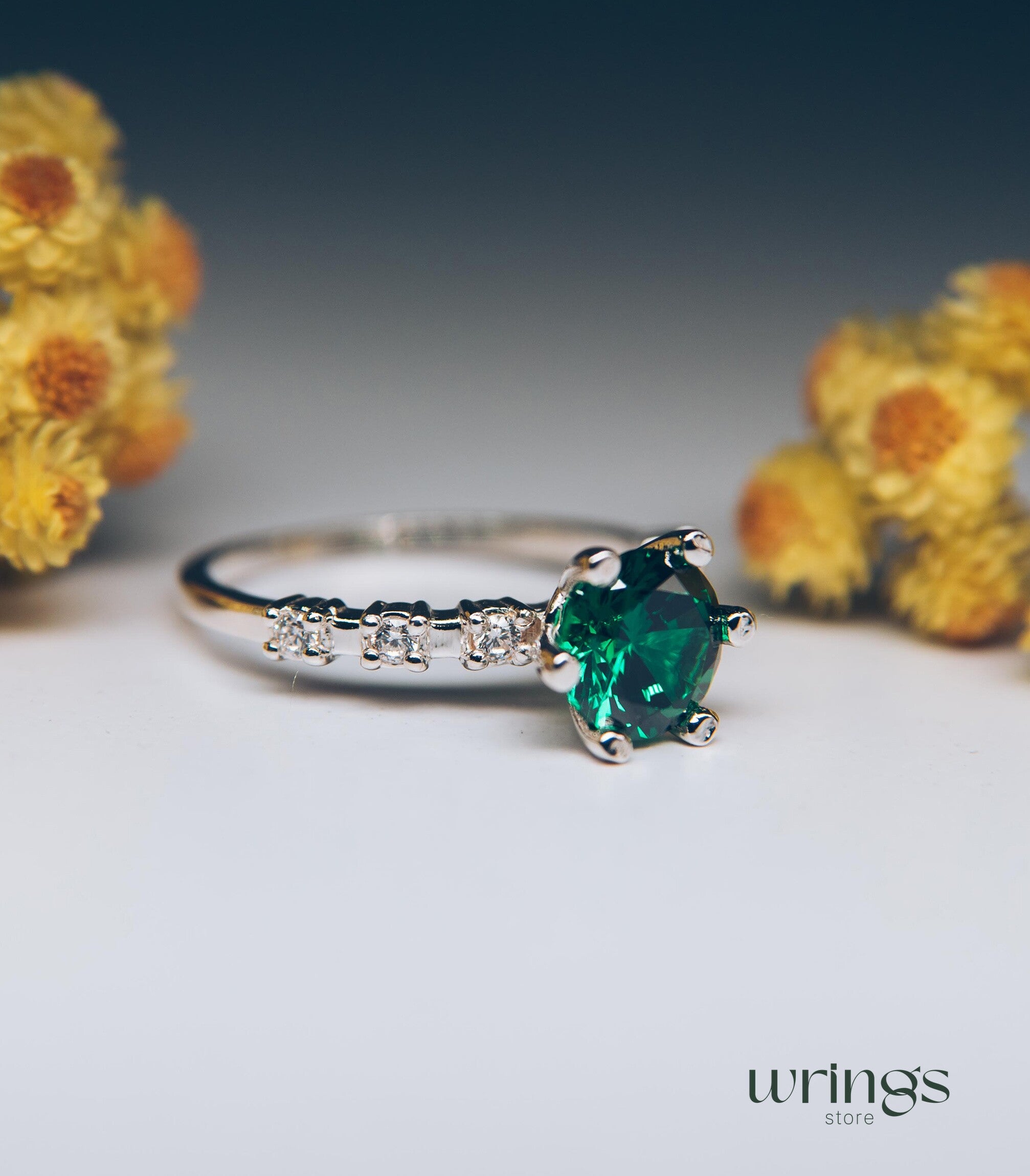 Large Green Stone & CZ Unique Silver Engagement Ring