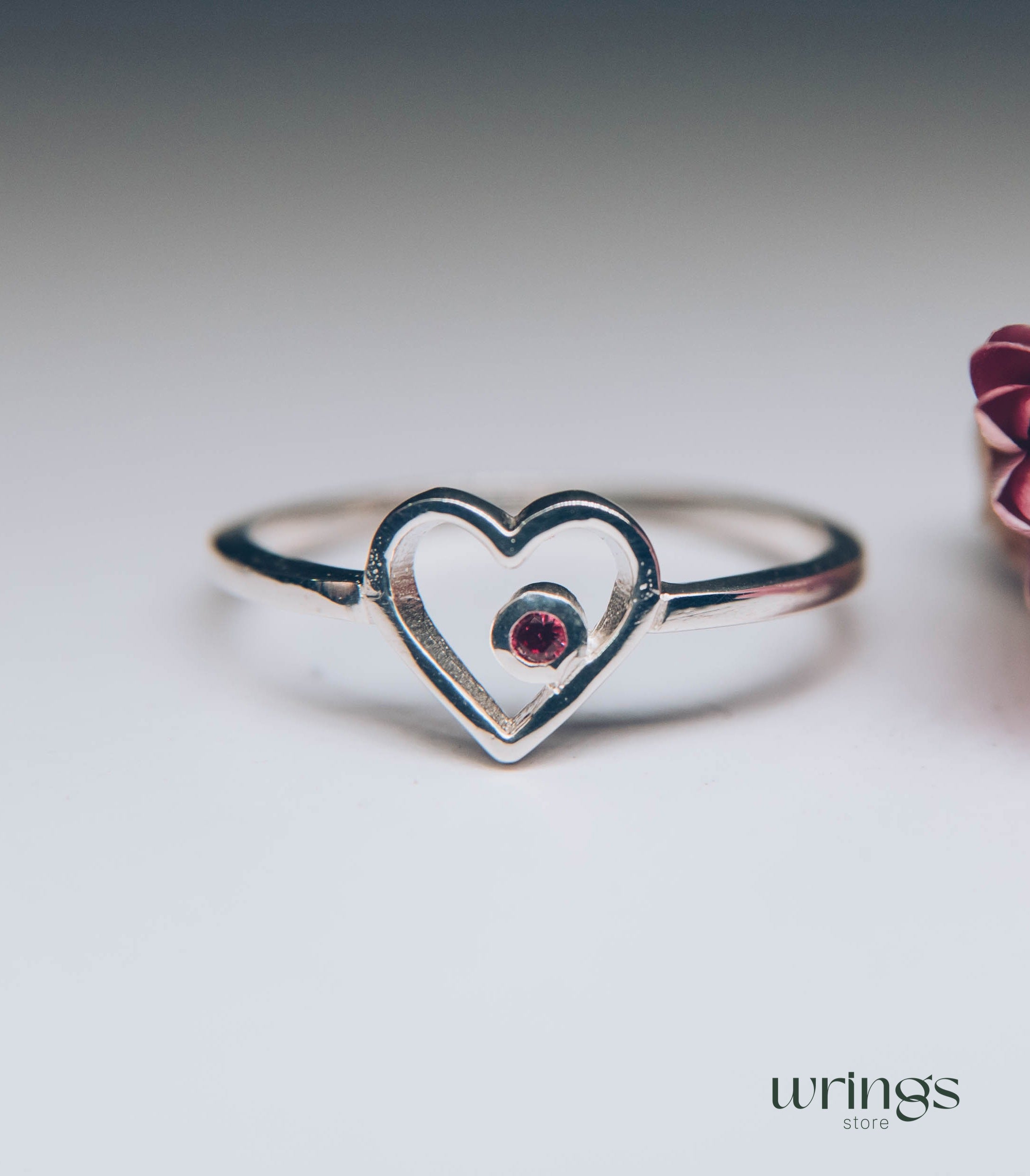 Silver Open Heart with Ruby Promise Ring for Her