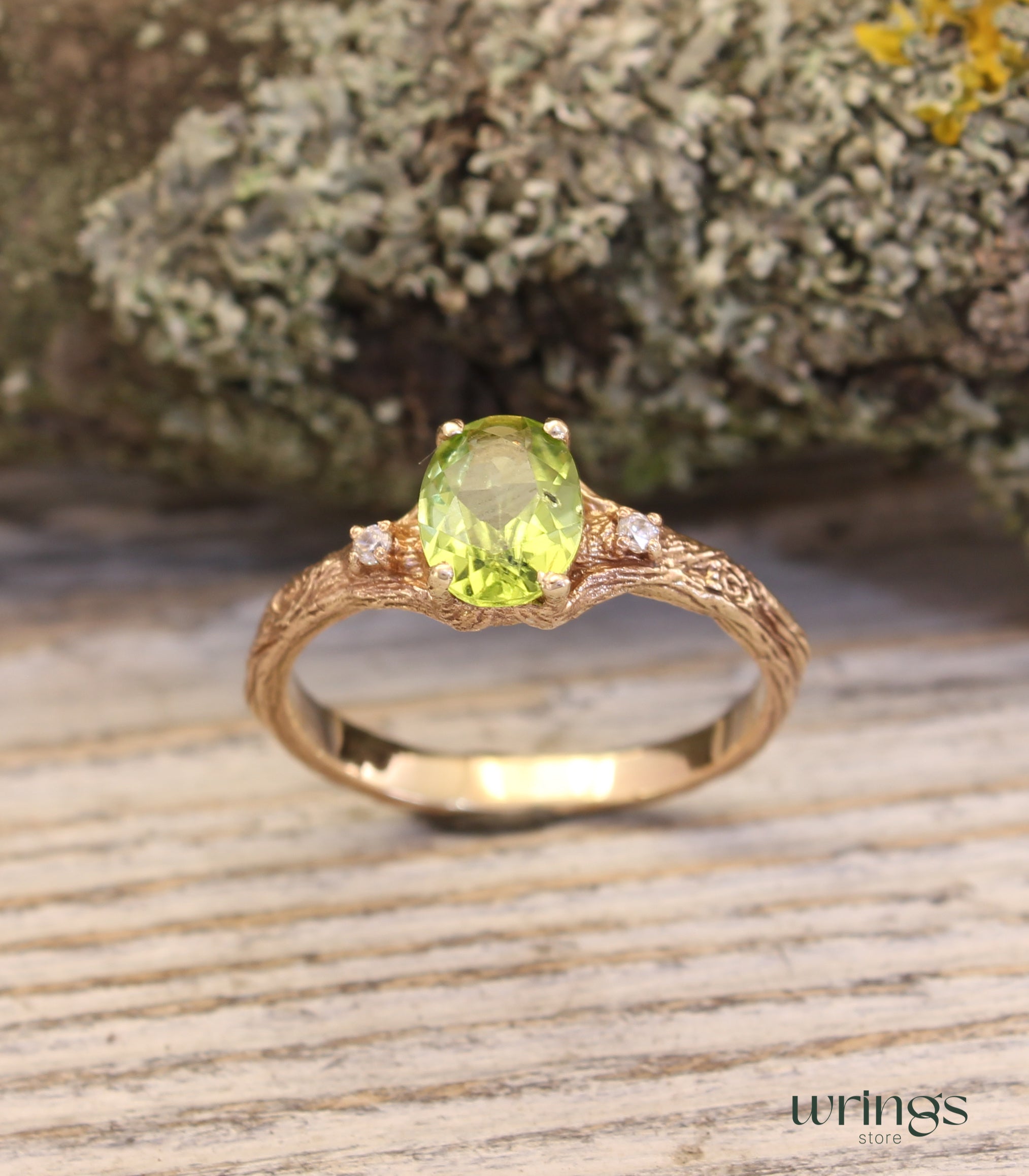 Oval Peridot in Branch Three Stone Engagement Ring Gold