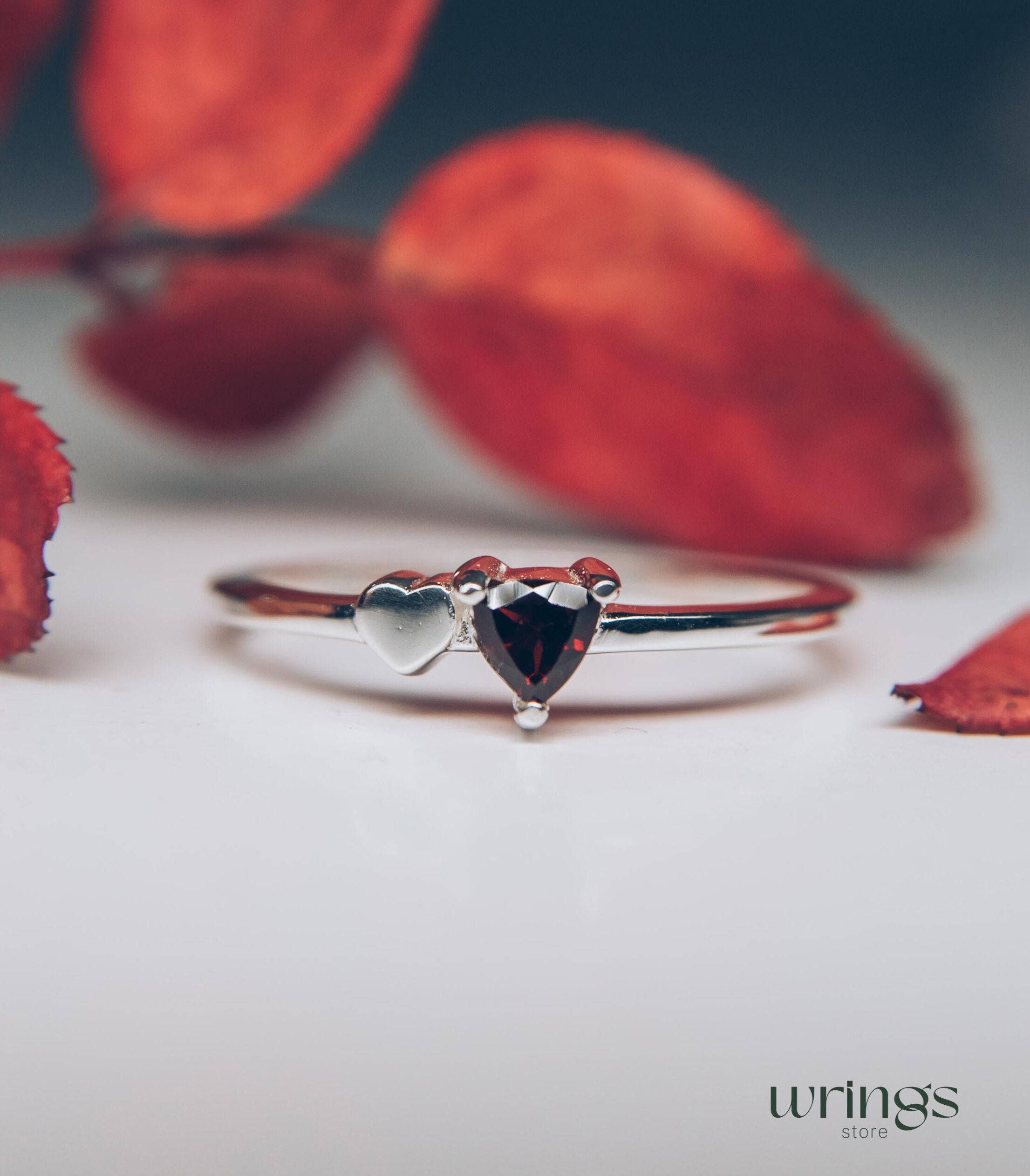 Trillion cut Garnet Silver Ring with Side Heart