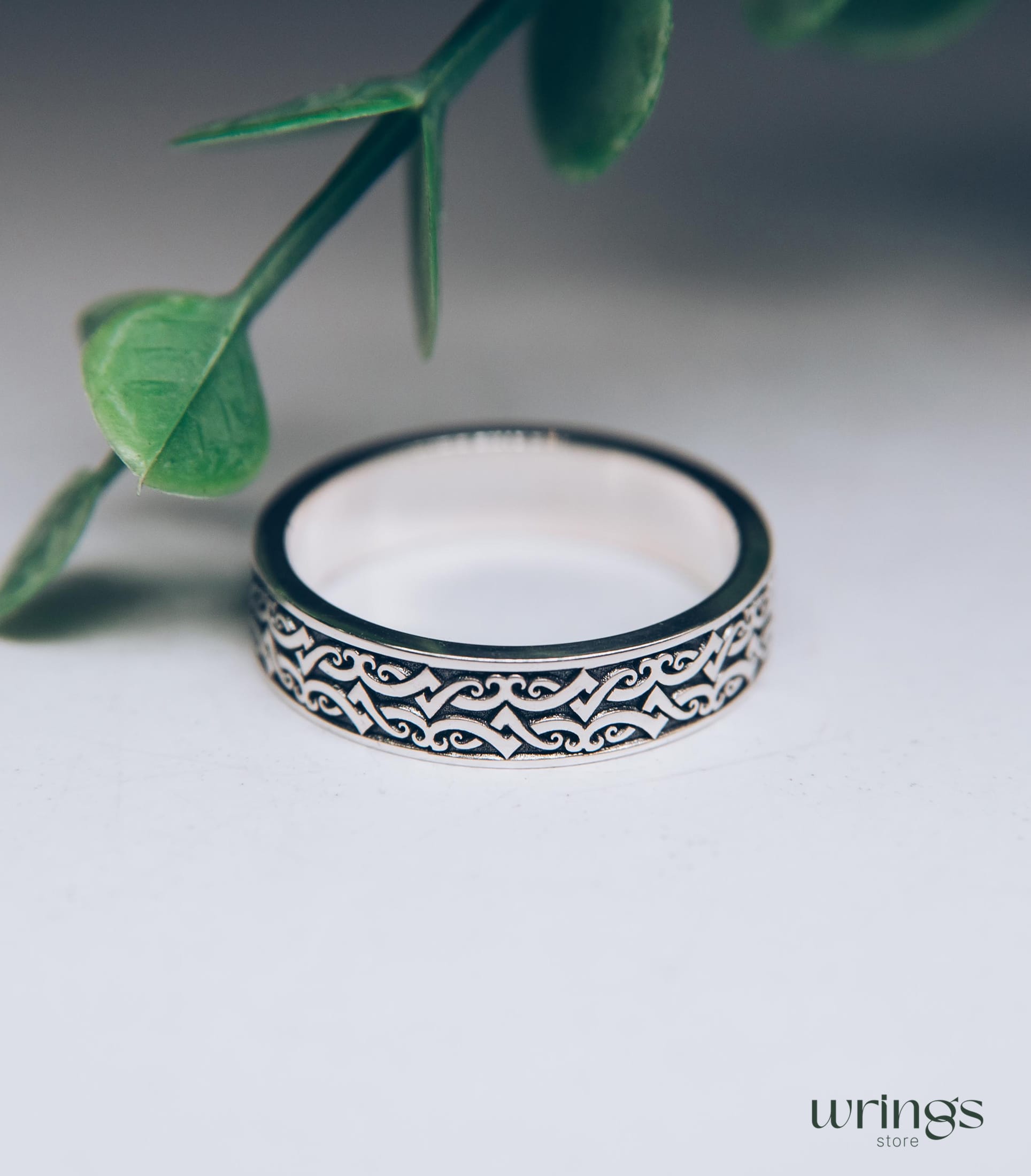 Engraved Viking Design Wedding Band Sterling Silver