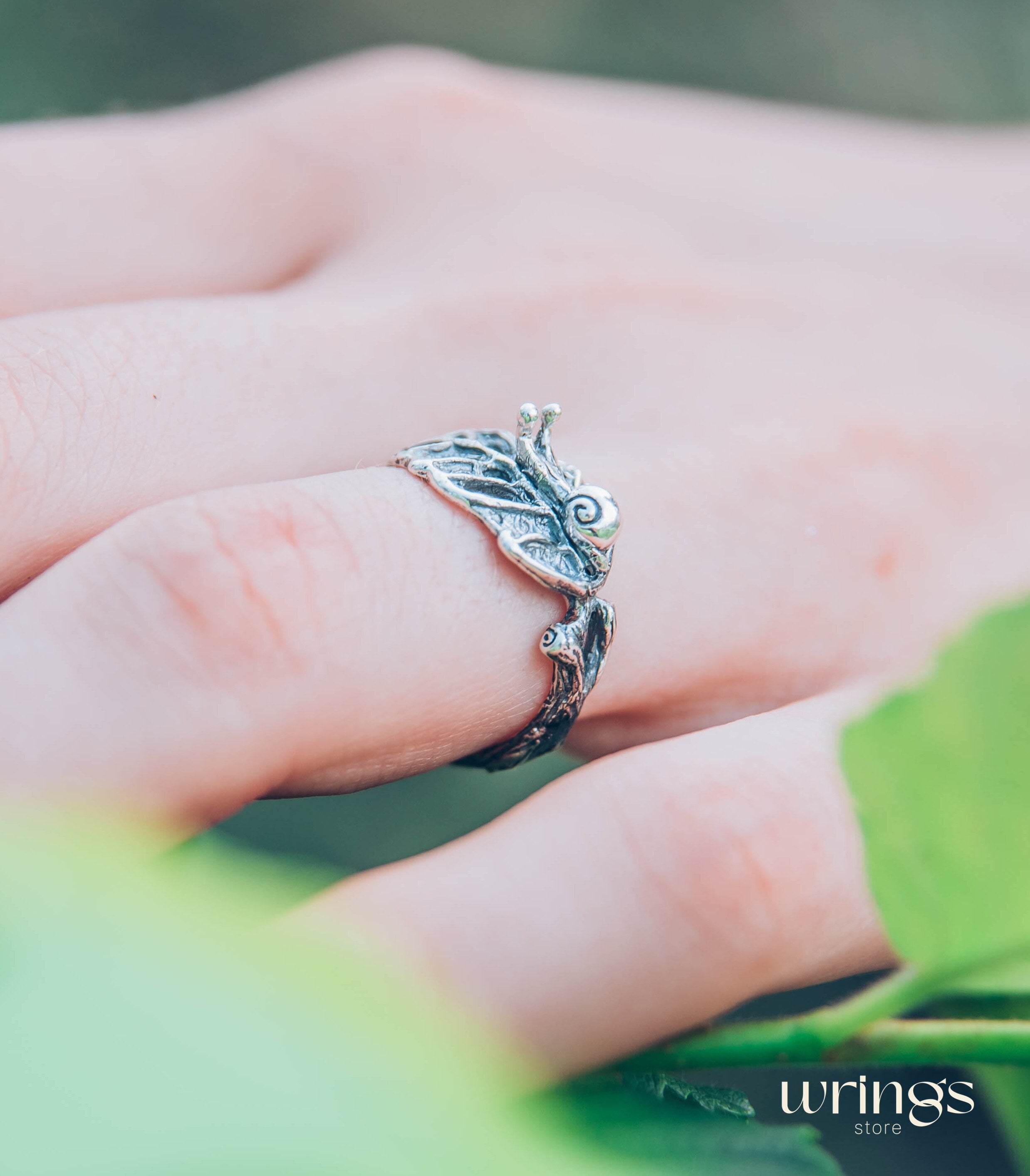 Nature dainty Snail on leaf Engagement Ring in Solid Silver