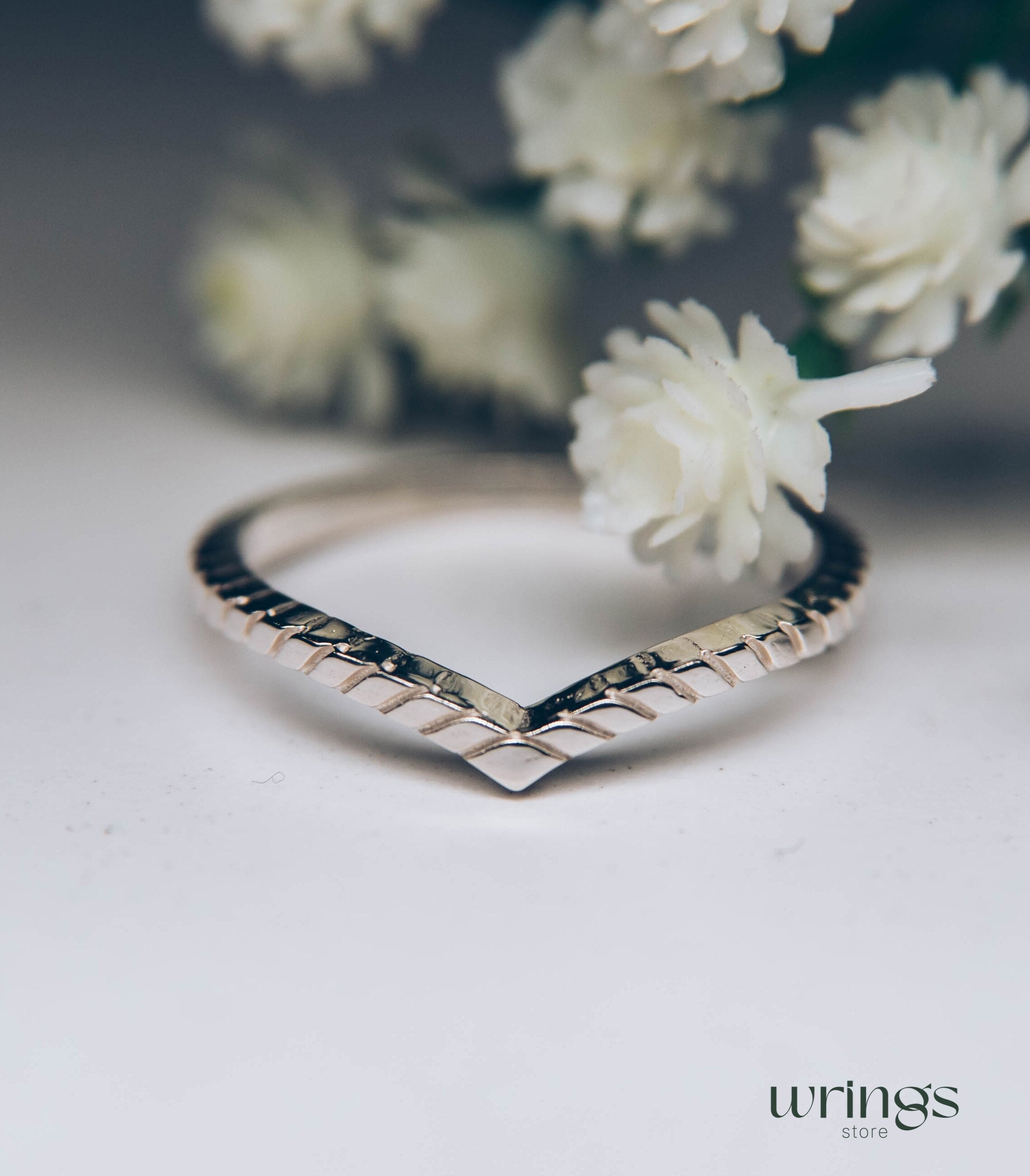 Chevron Wedding Ring Unique Serif Silver Band