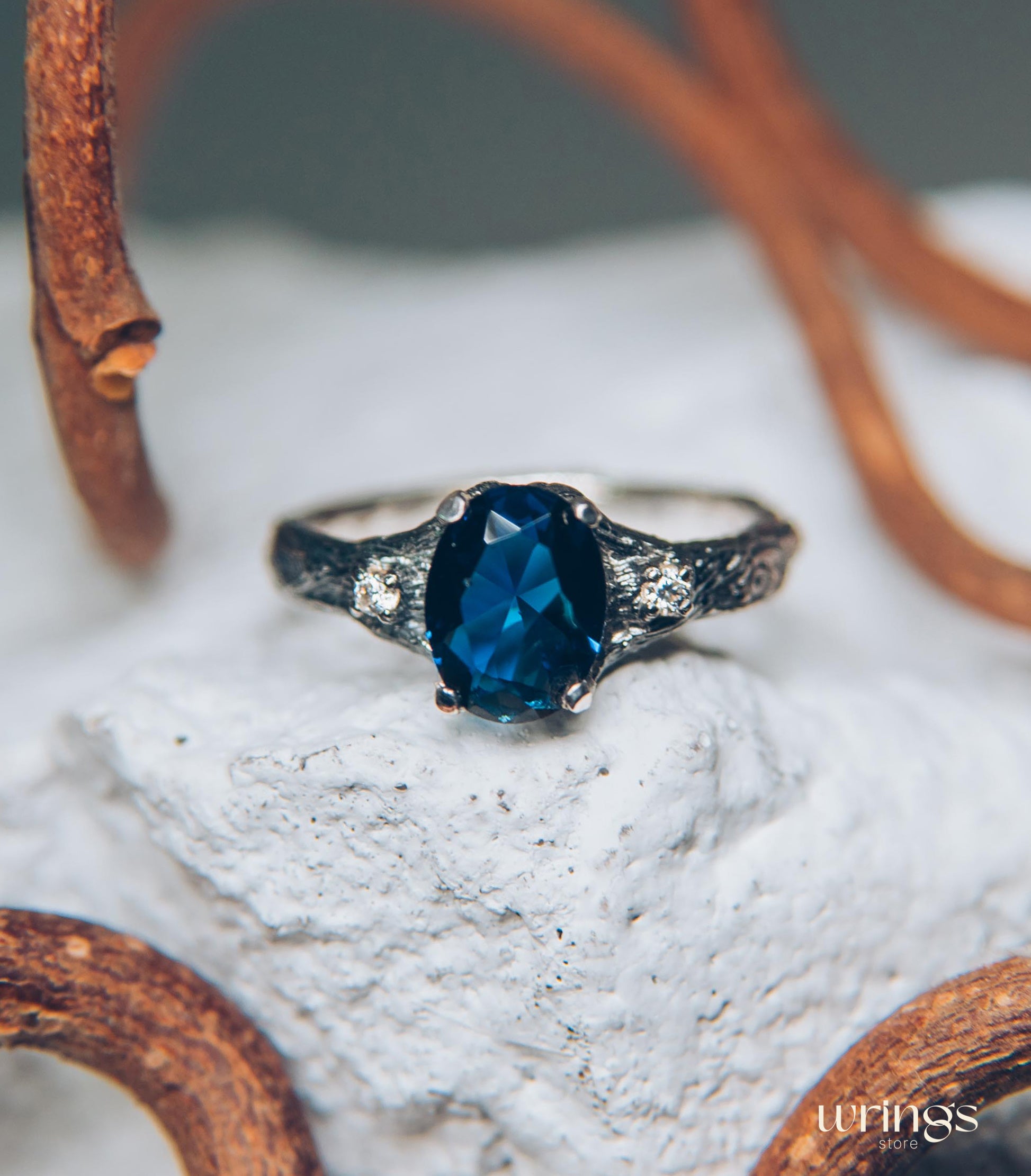 Oval Sapphire with Twig Ring made in Sterling Silver