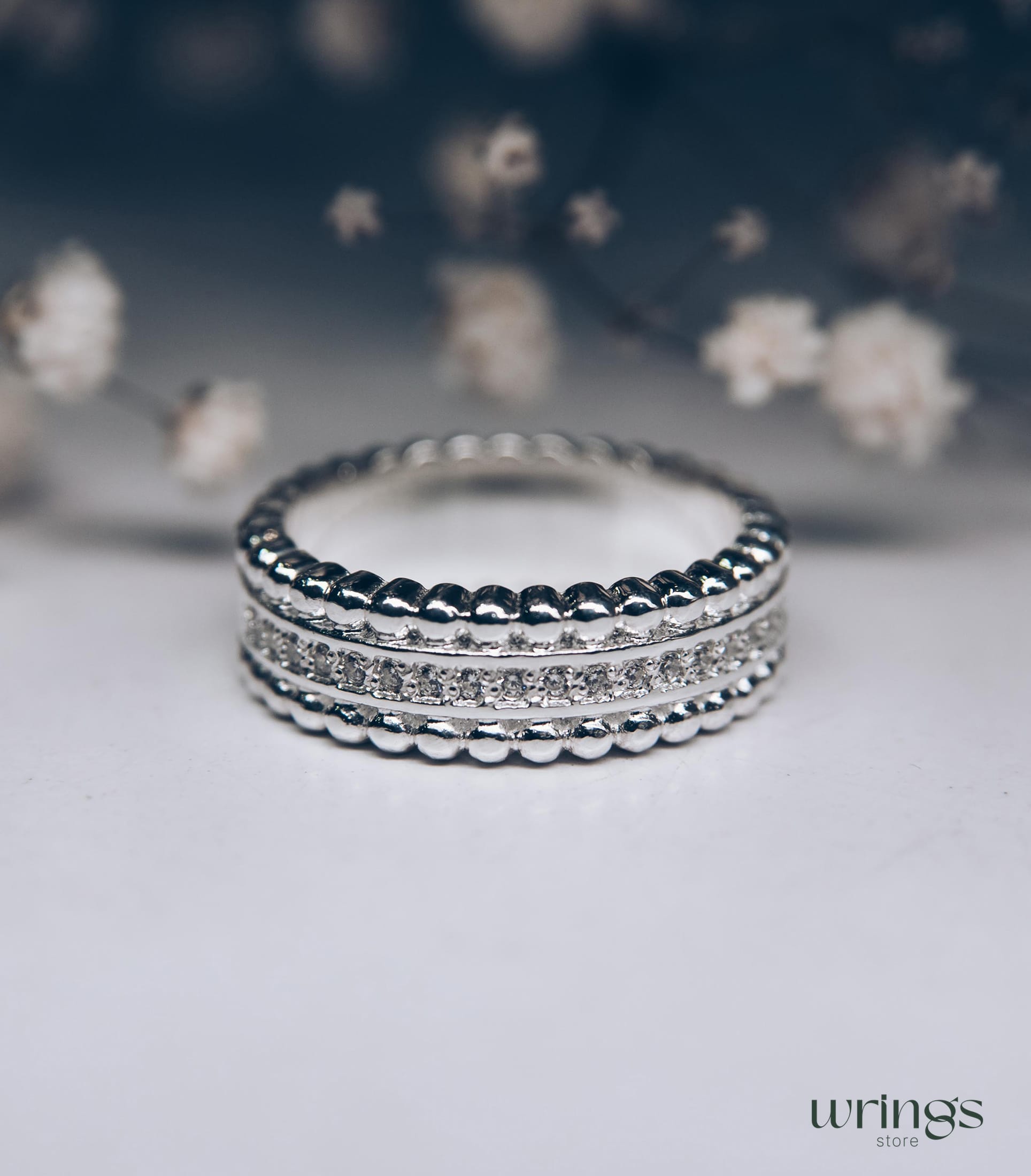 Unique Beaded Silver Half Eternity Band with Diamonds