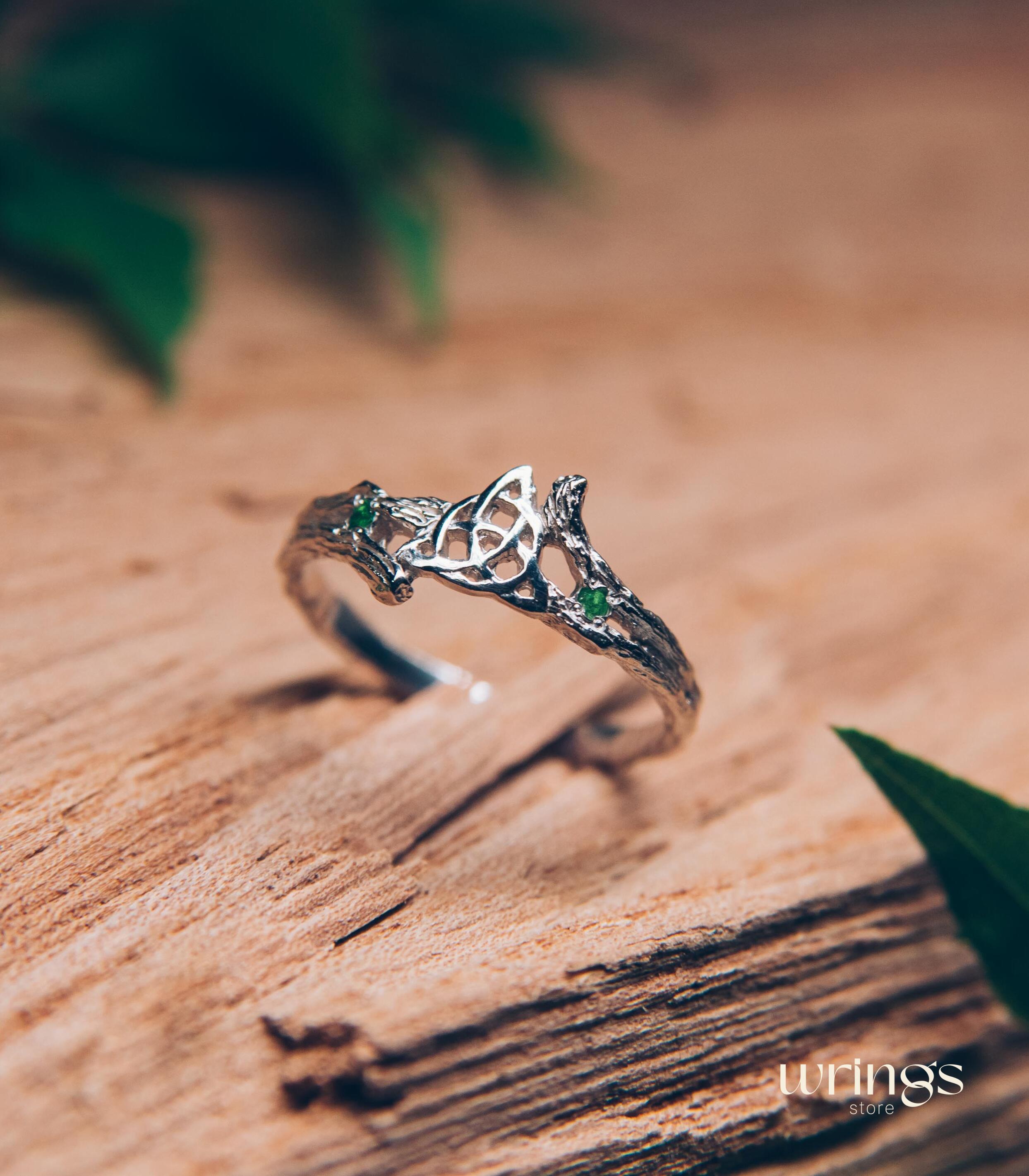 Triquetra & Silver Twig Celtic Engagement Ring with Emerald