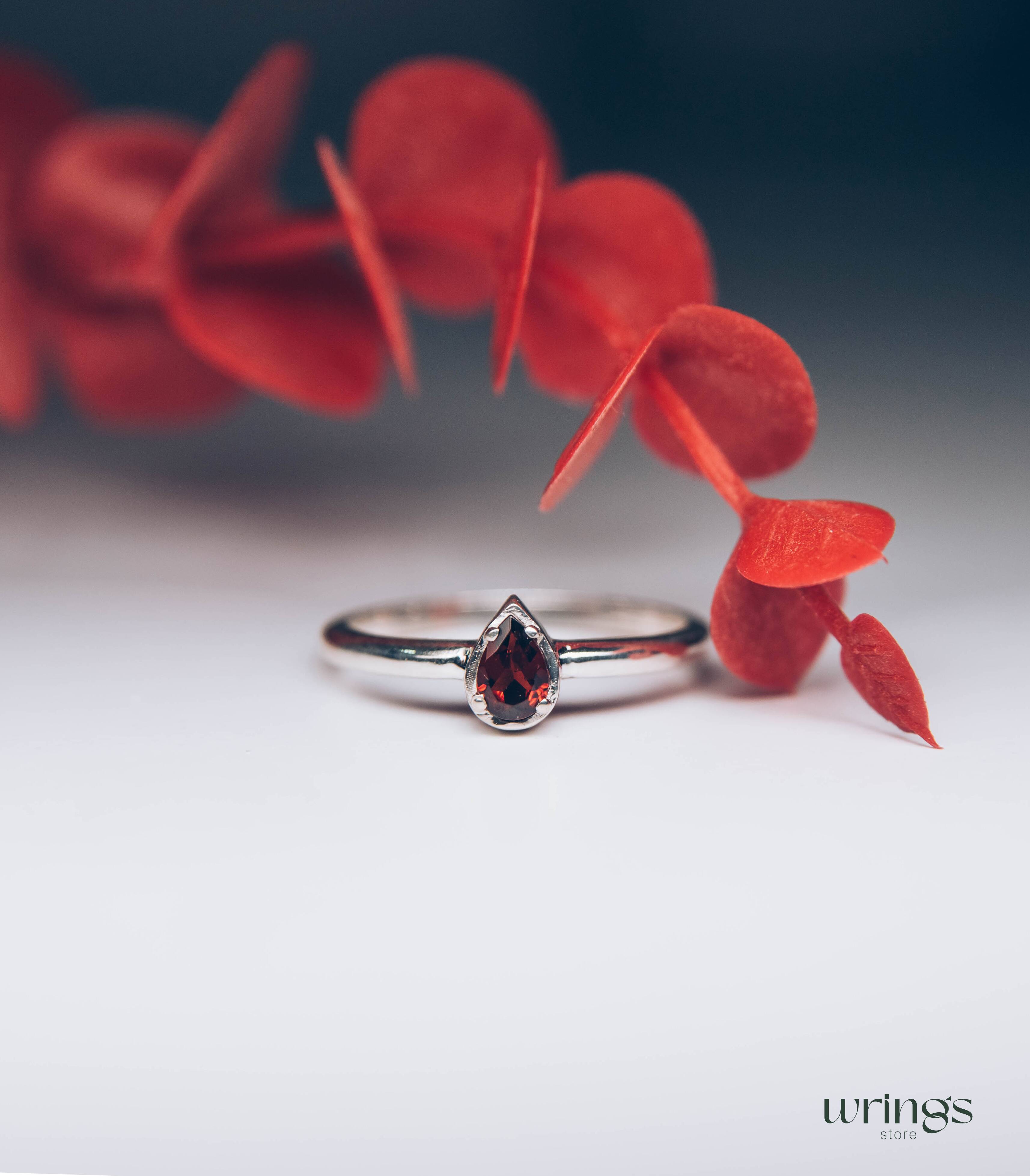 Pear cut Garnet Minimalist Silver Solitaire Ring