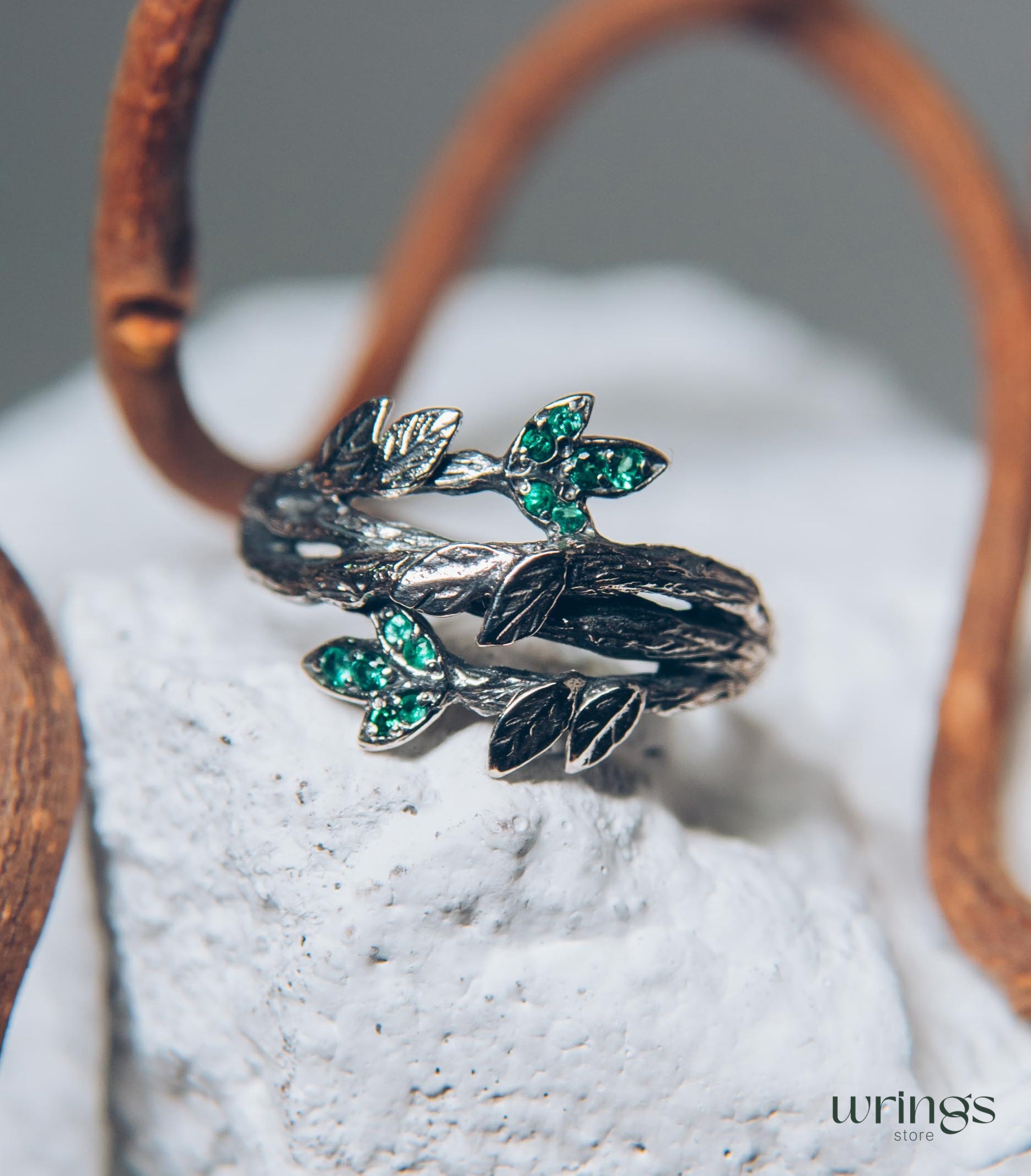 Leaves with Emeralds on the Braided Twigs Ring