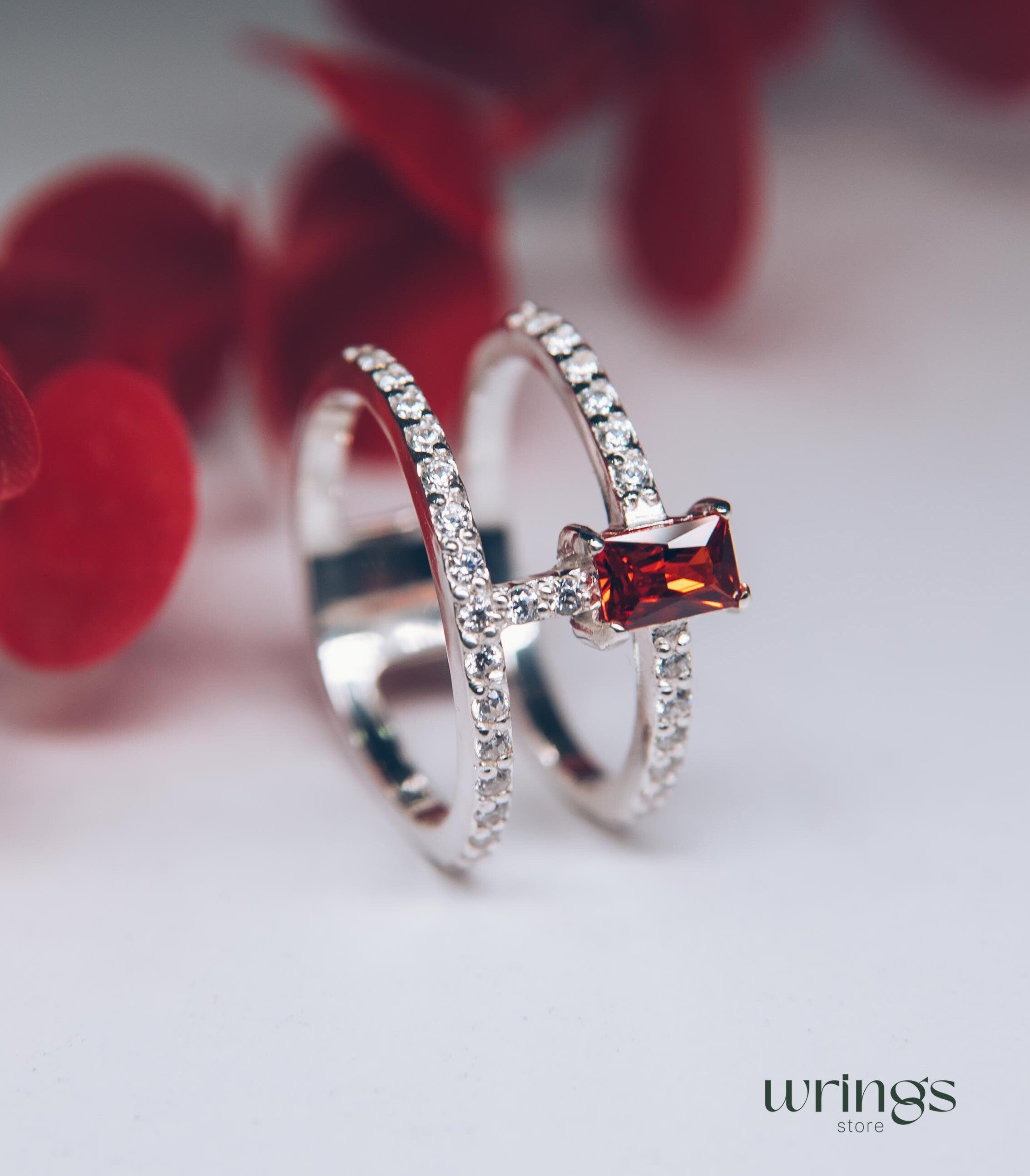 Garnet Two Band Engagement Ring Multiple CZ Stones