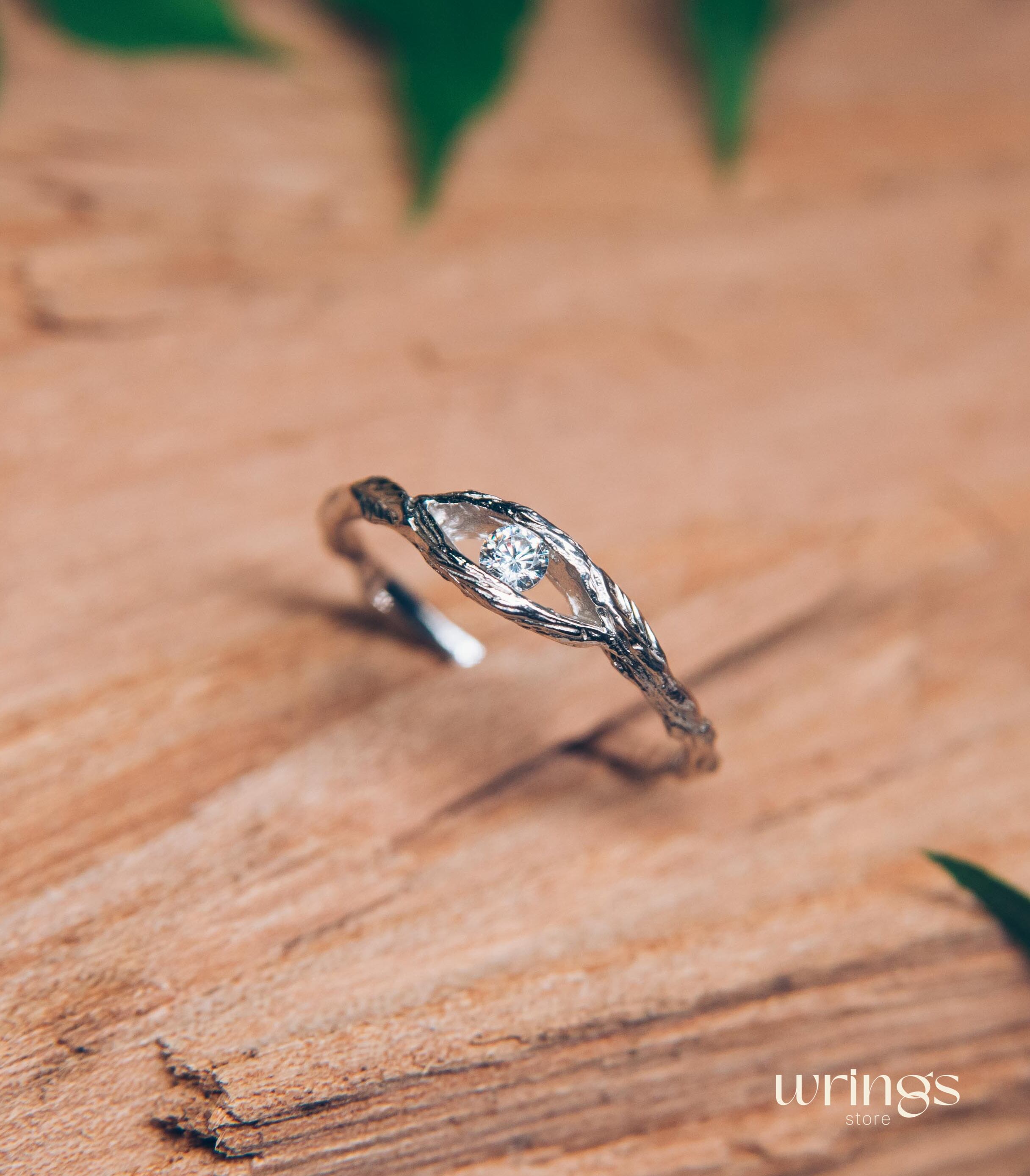 White Zirconia Stone in Twig Engagement Ring with Leaves