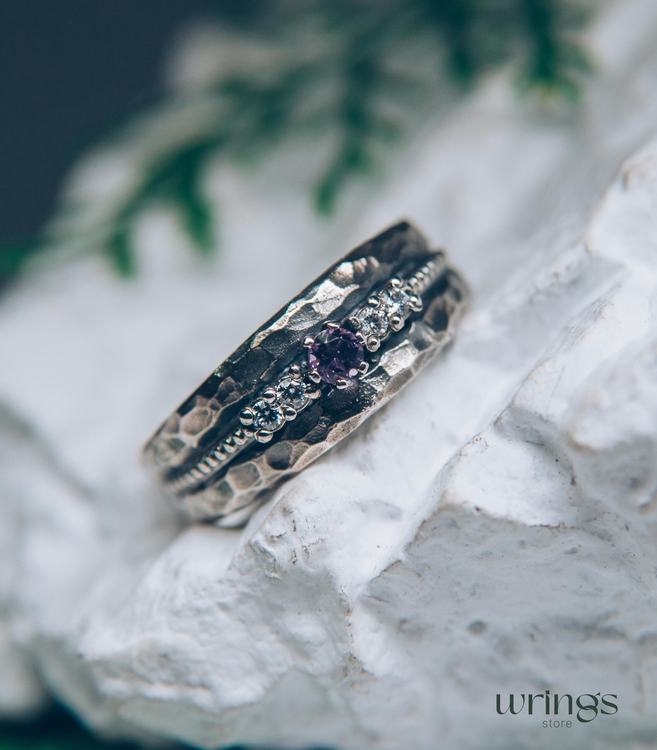 Unique Silver Women's Hammered Ring with Amethyst and CZ