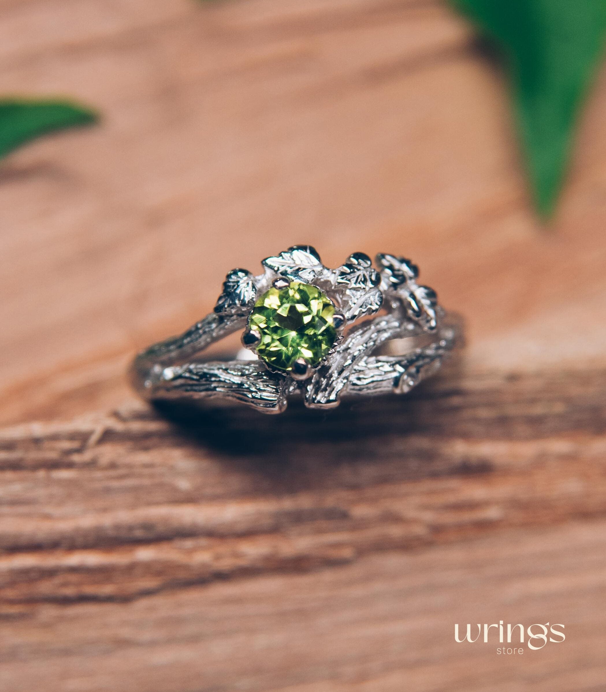 Peridot on Split Branch Leaf Silver Engagement Ring