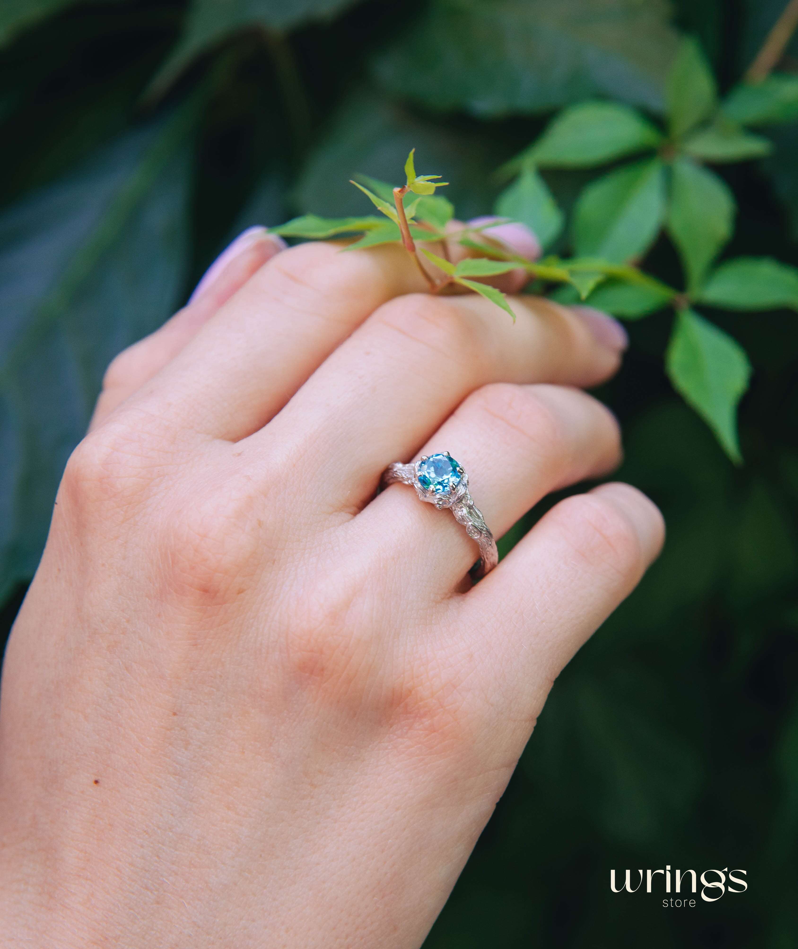 Blue Topaz & Shiny Silver Twig Fantasy Engagement Ring