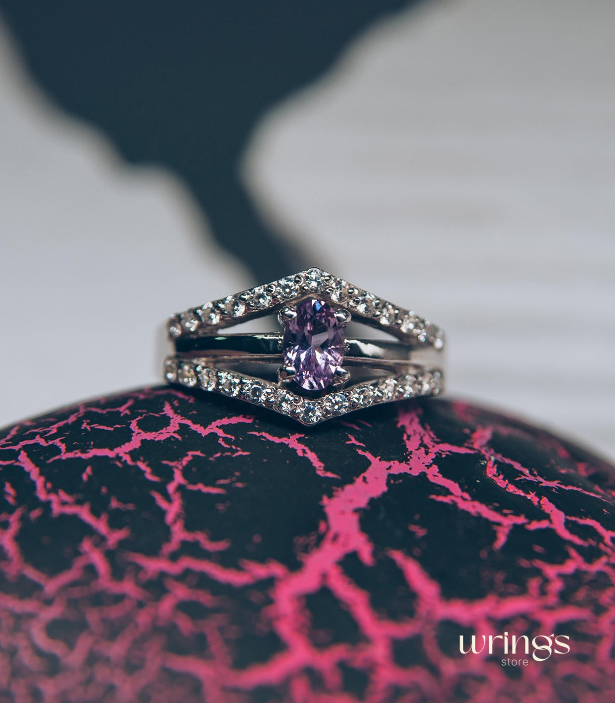 Vertical Oval Amethyst & CZ Double V Engagement Ring