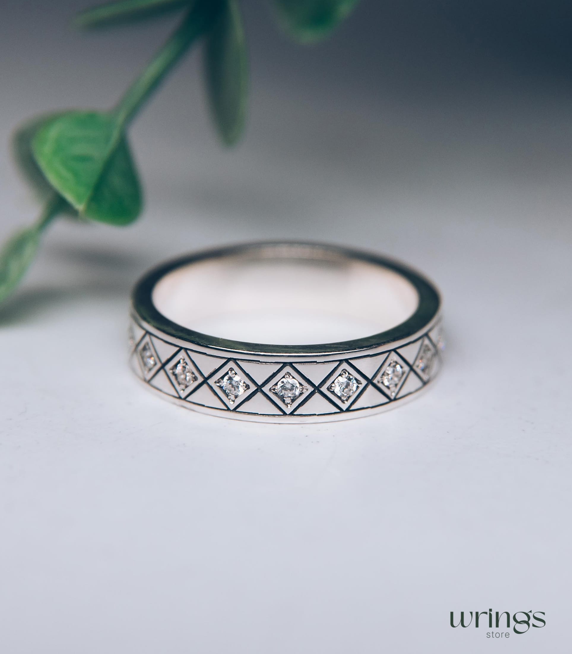 Silver Eternity Ring with Multi Gems Engraved Rhombus