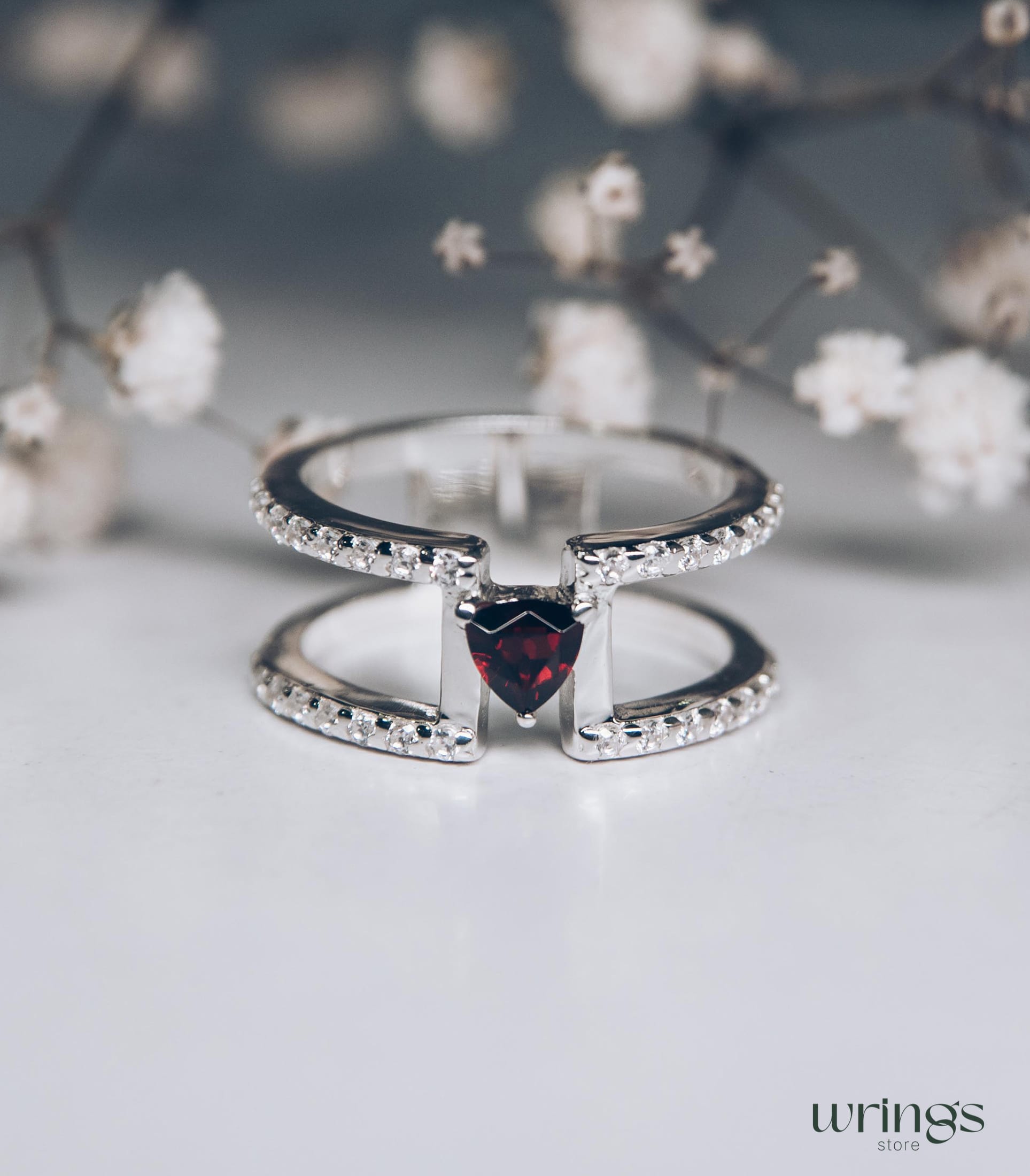 Trillion Garnet Unique Double Engagement Ring CZ Stones