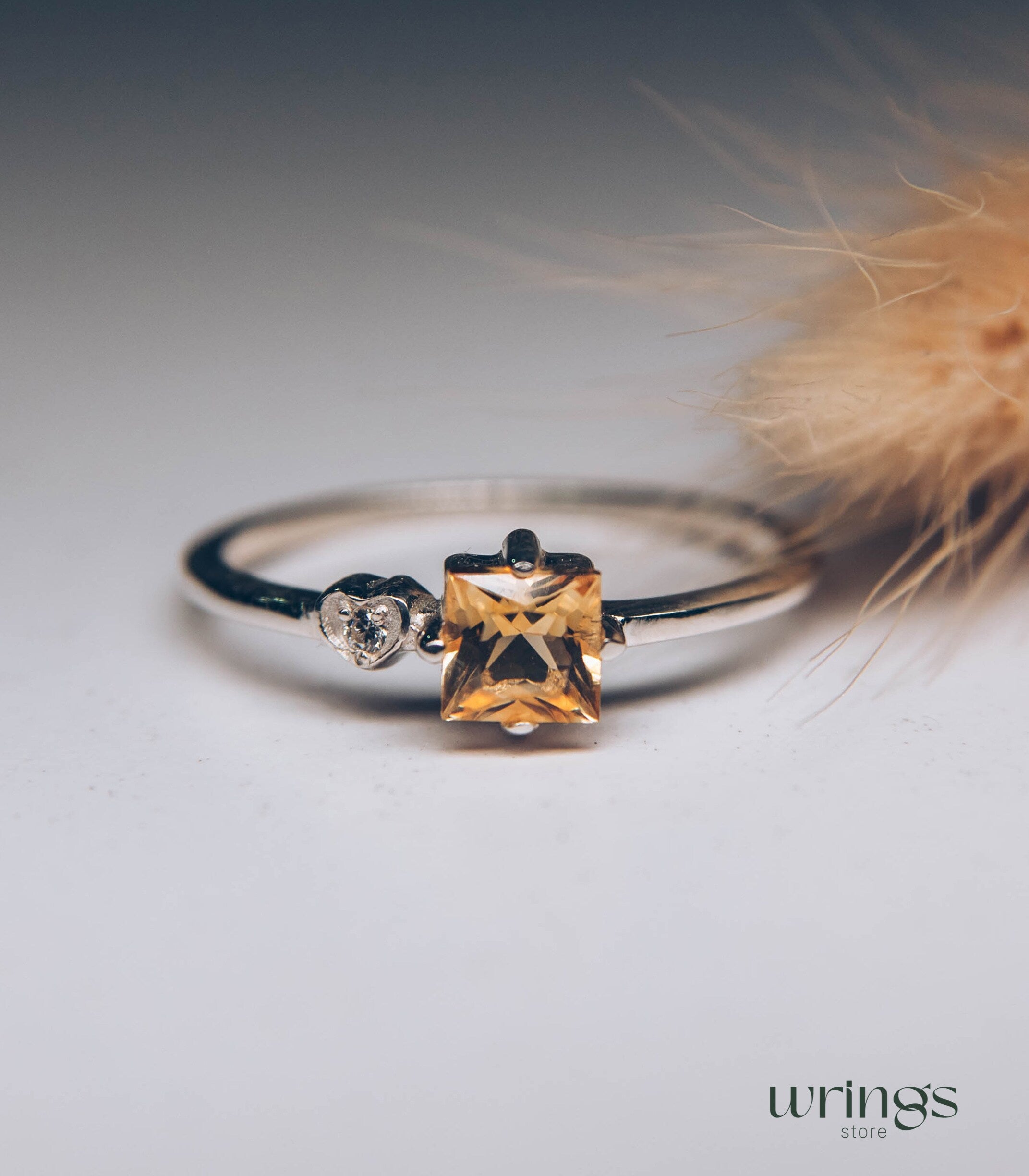 Square Citrine Silver Ring & White Stone in Side Heart