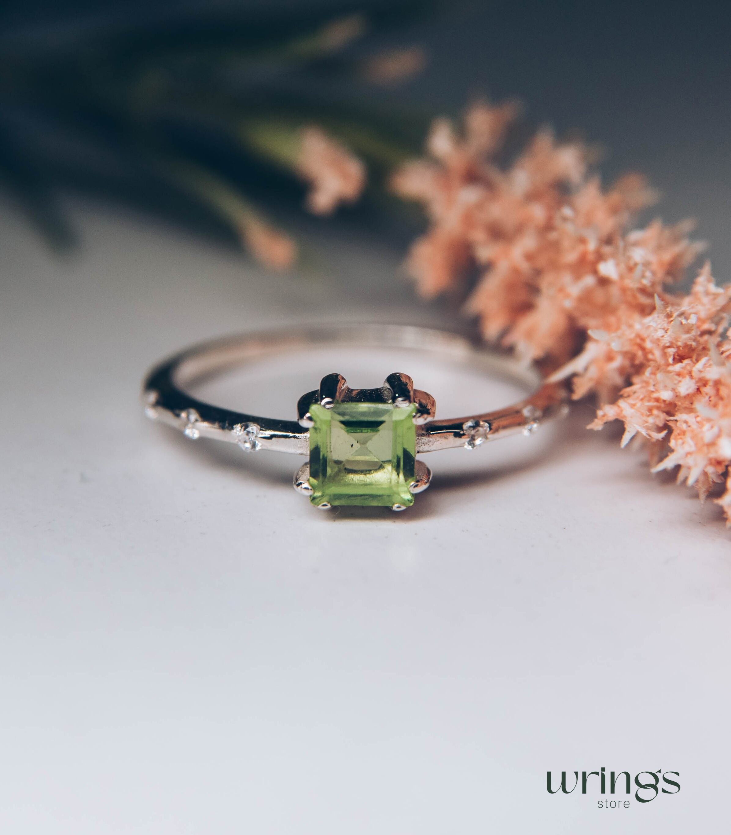 Central Square Peridot Side Stone Engagement Ring Silver