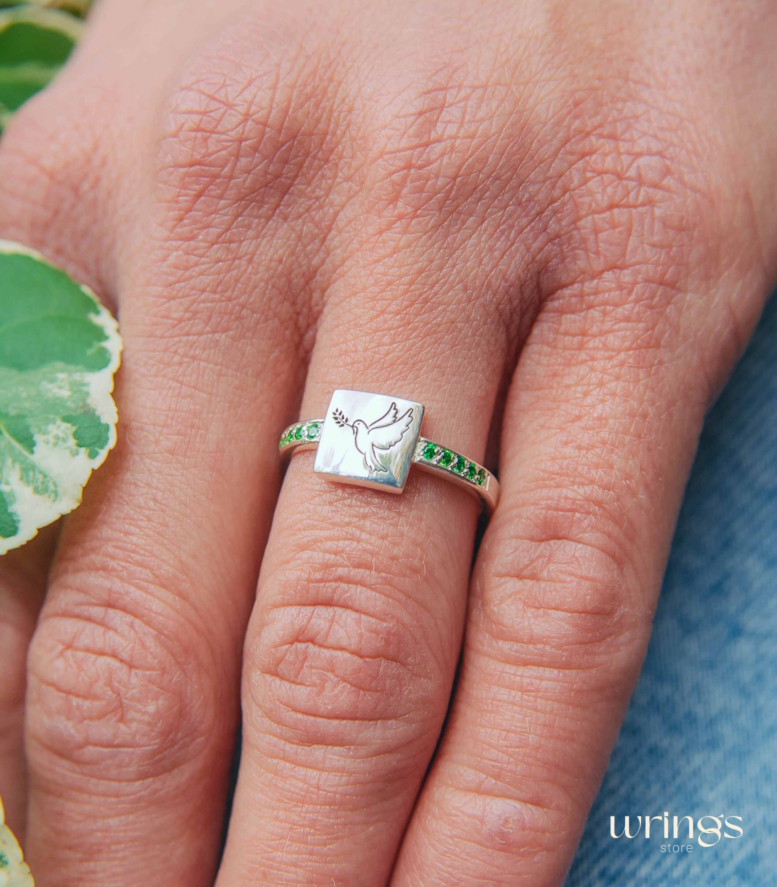 Pigeon of Peace Silver Signet Ring Side Emeralds