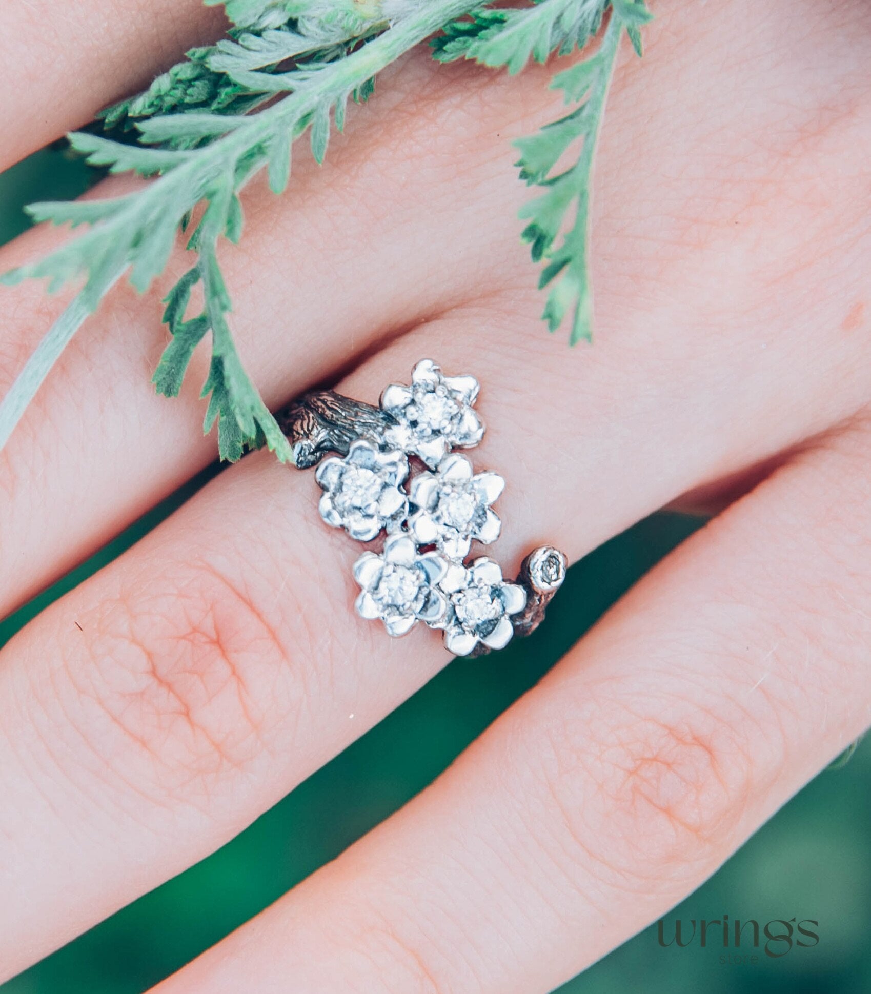 Flowers on a Twig Unique Silver Floral Ring