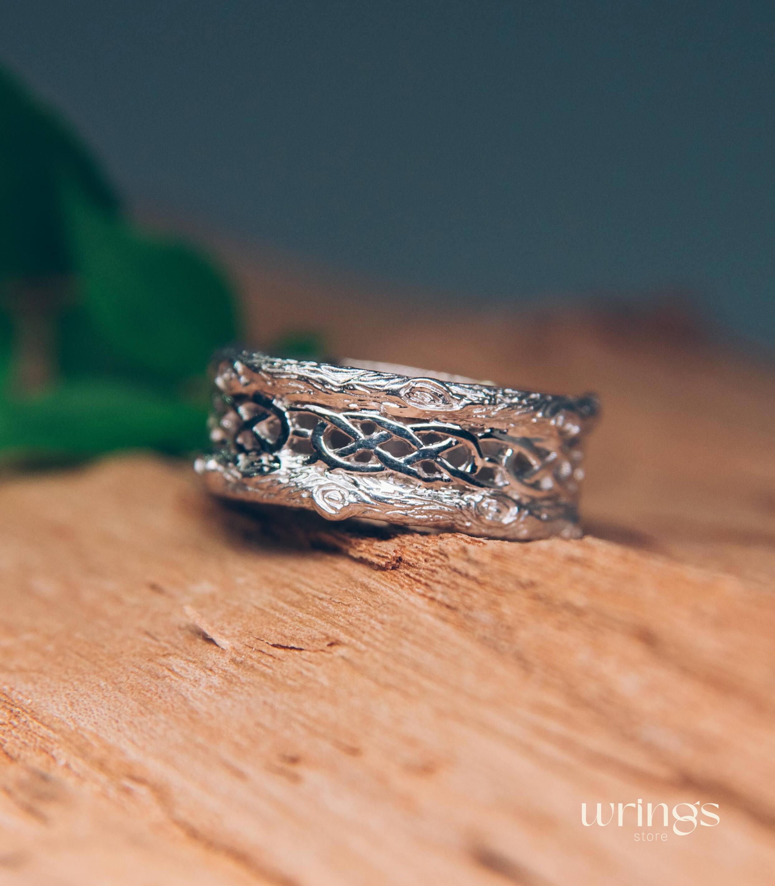 Unique Shiny Silver Celtic Style Tree Bark Band Ring