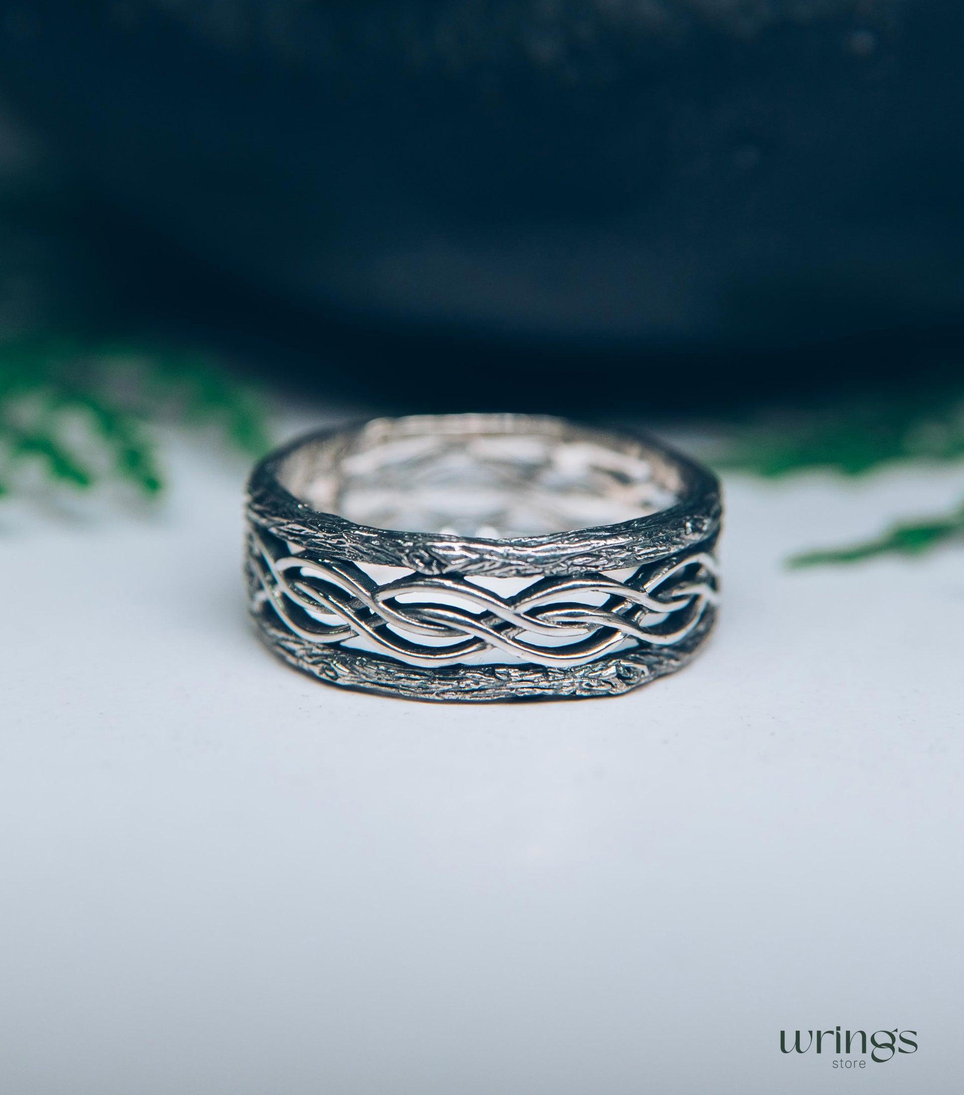Silver Tree bark and Wavy lines Braided Wedding Band