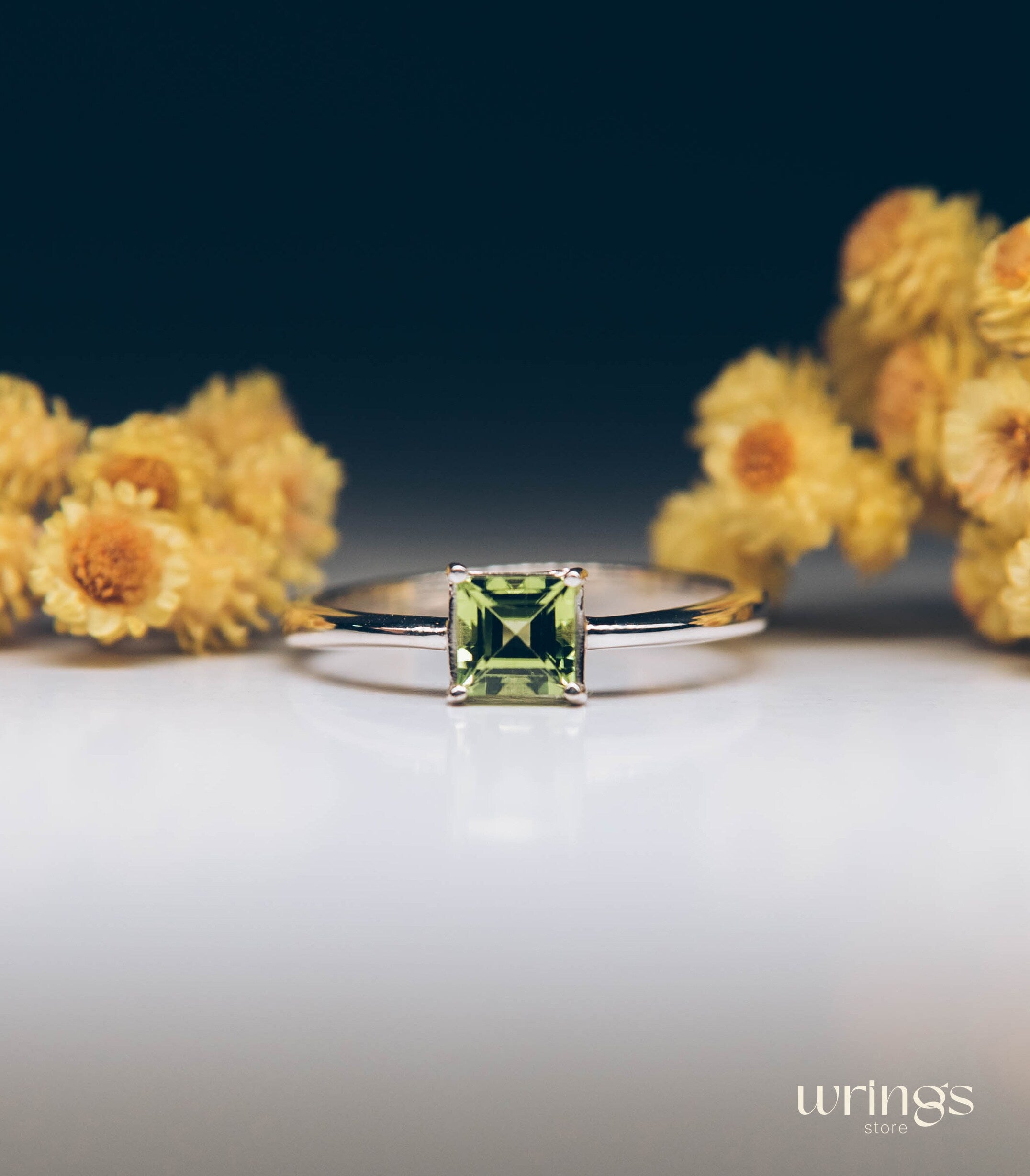 Minimalist Solitaire Square cut Peridot Ring Silver