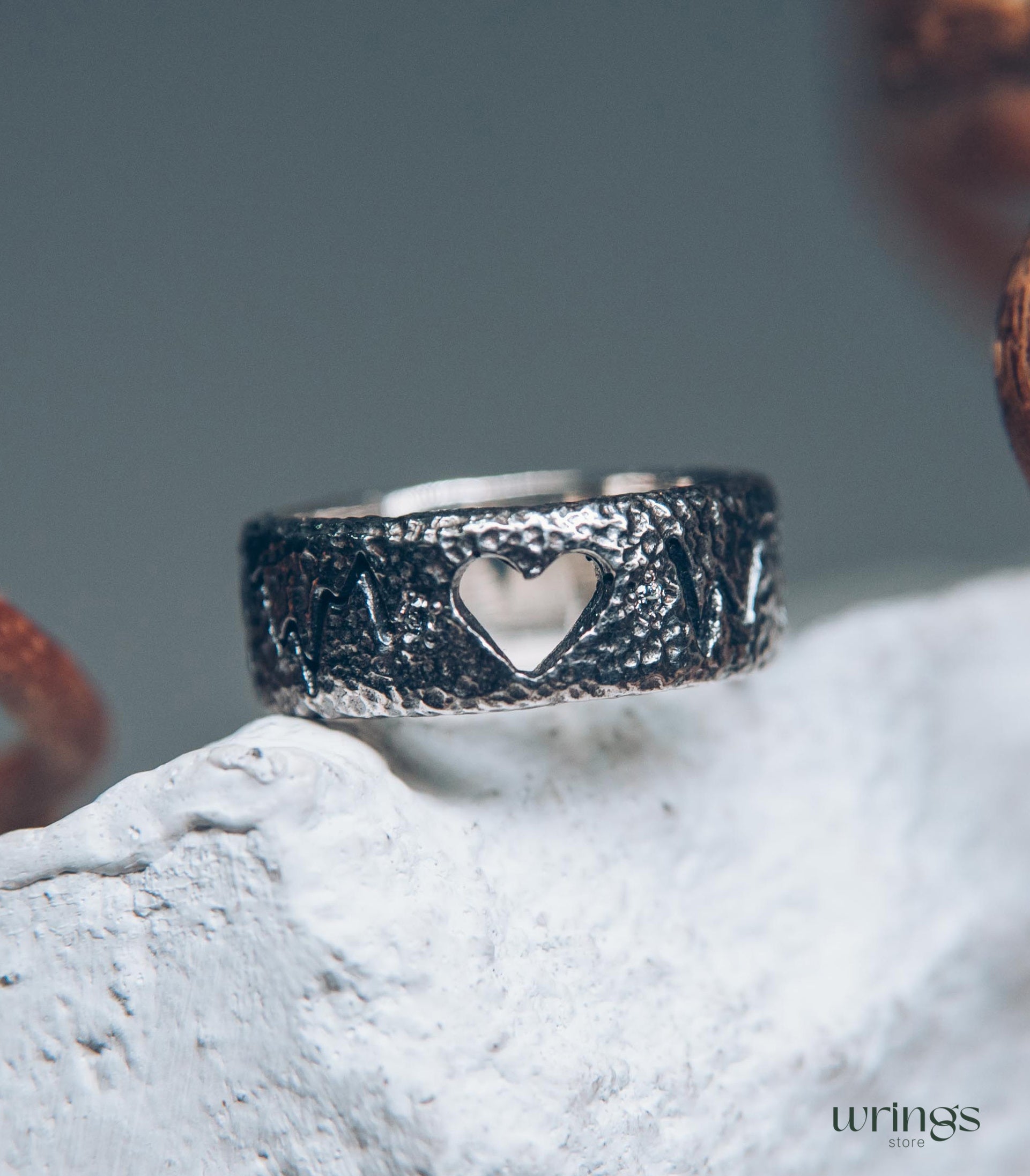 Open Heart Unique Silver Heartbeat Wedding Band