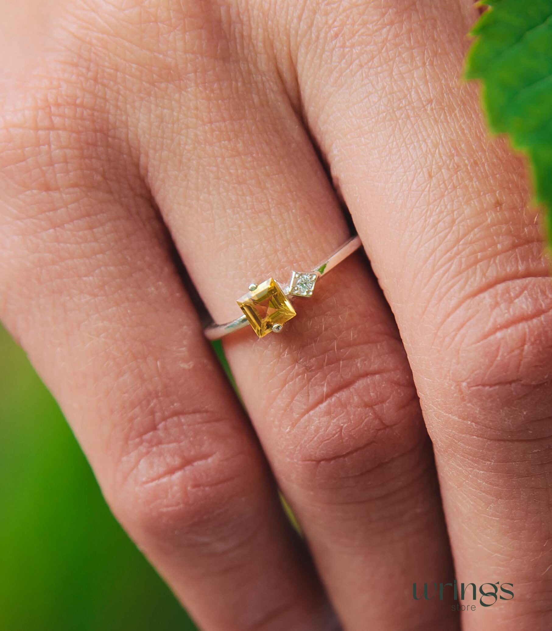 Square Citrine Silver Ring & Side White Stone