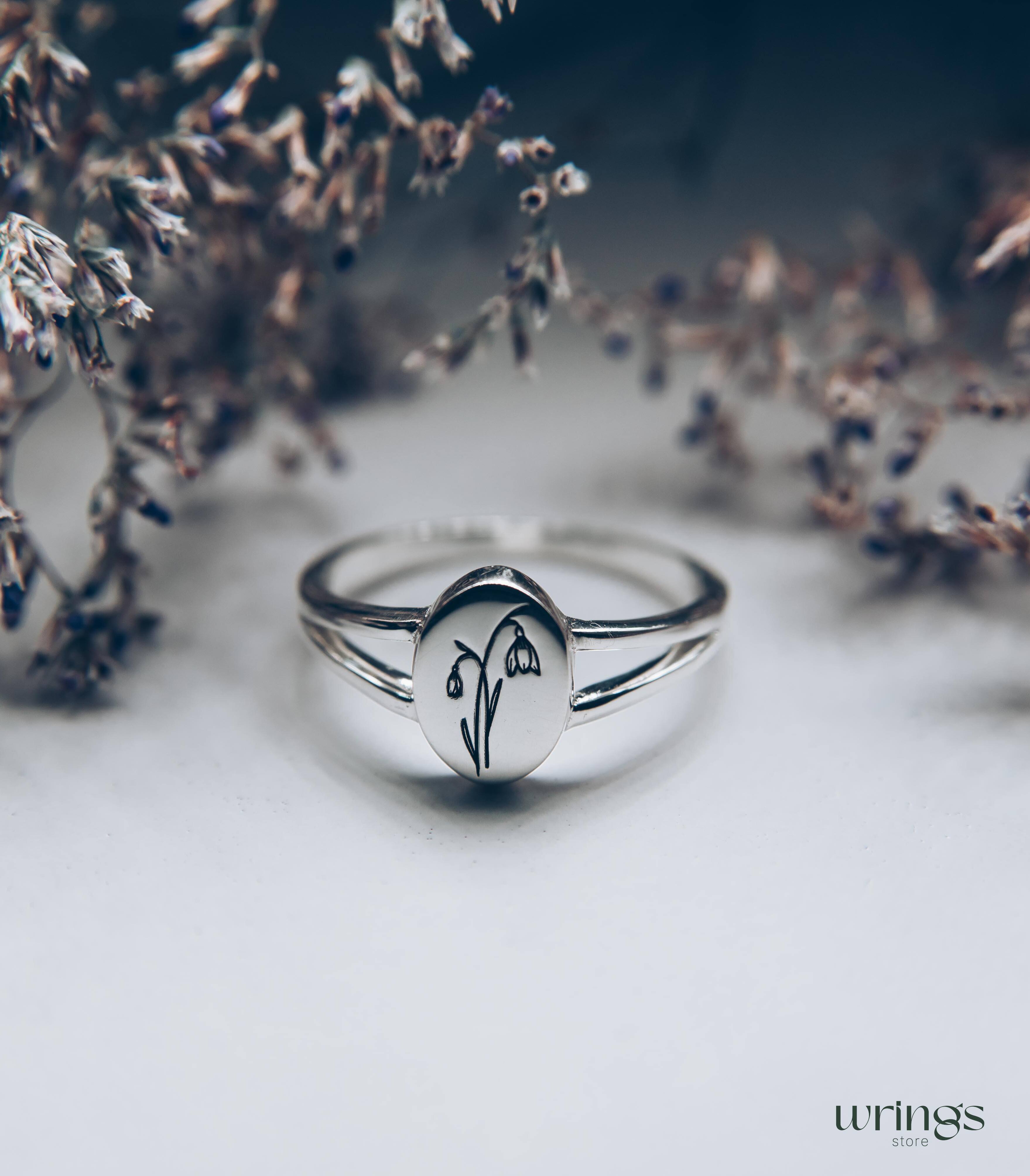 Snowdrop January Birthflower Ring Signet Silver Split Band