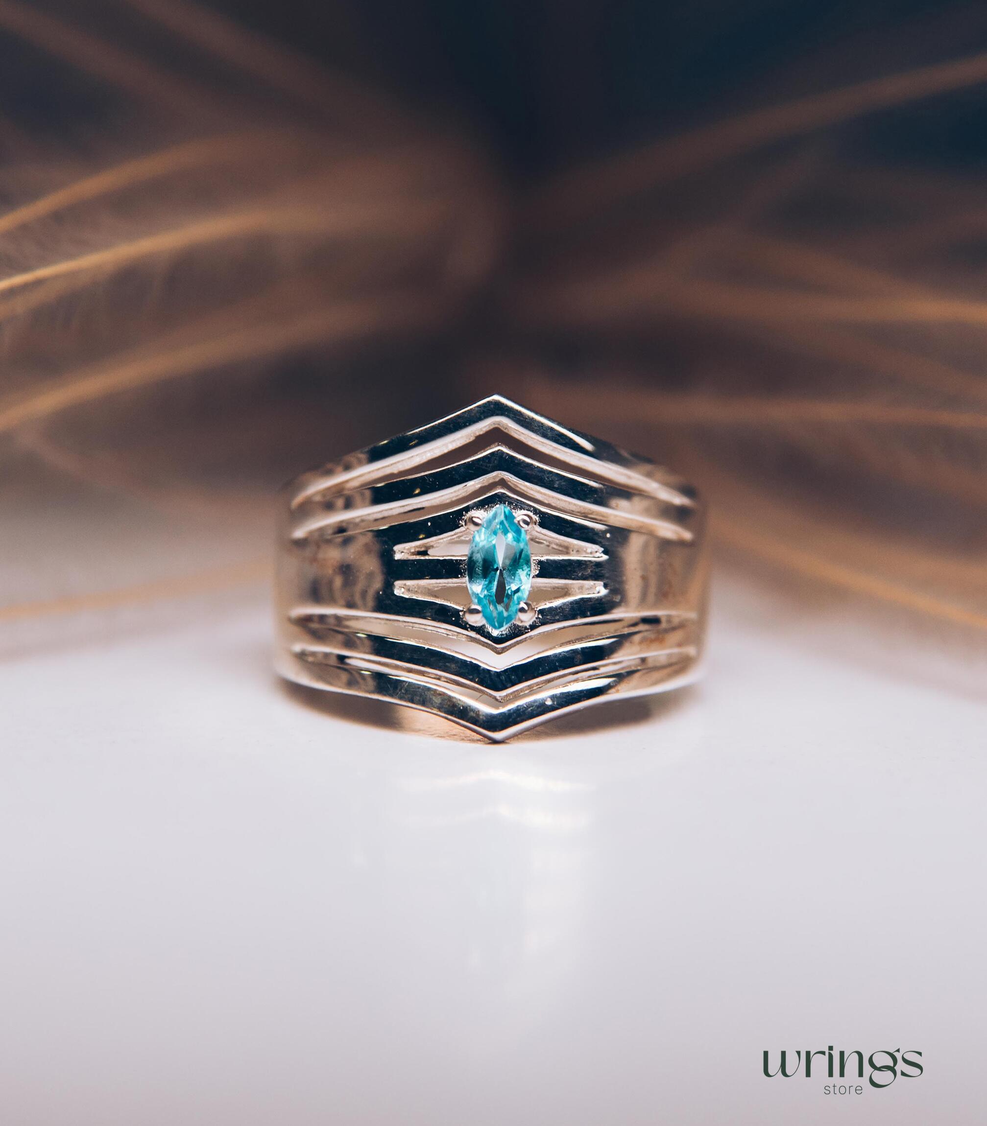 Extra Wide Cocktail Ring Dome Double Chevron with Topaz