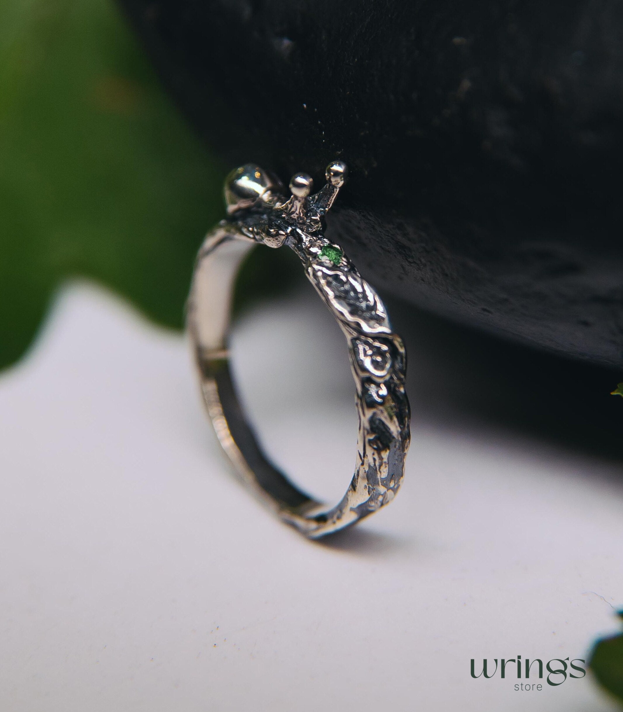 Snail on a Tiny Silver Twig with Leaf Emerald Ring