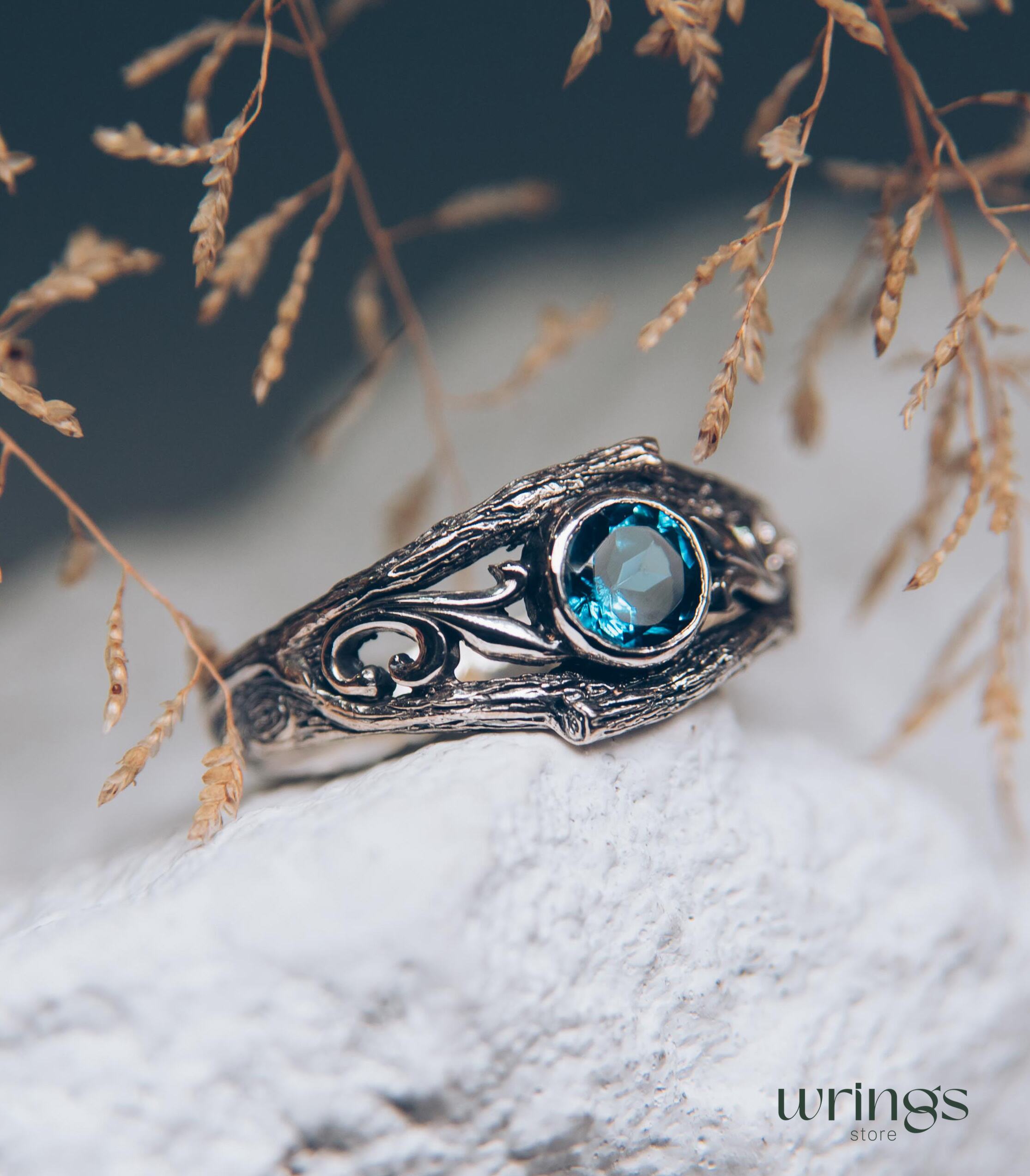 Bezel London blue Topaz with Vine and Branch Engagement Ring