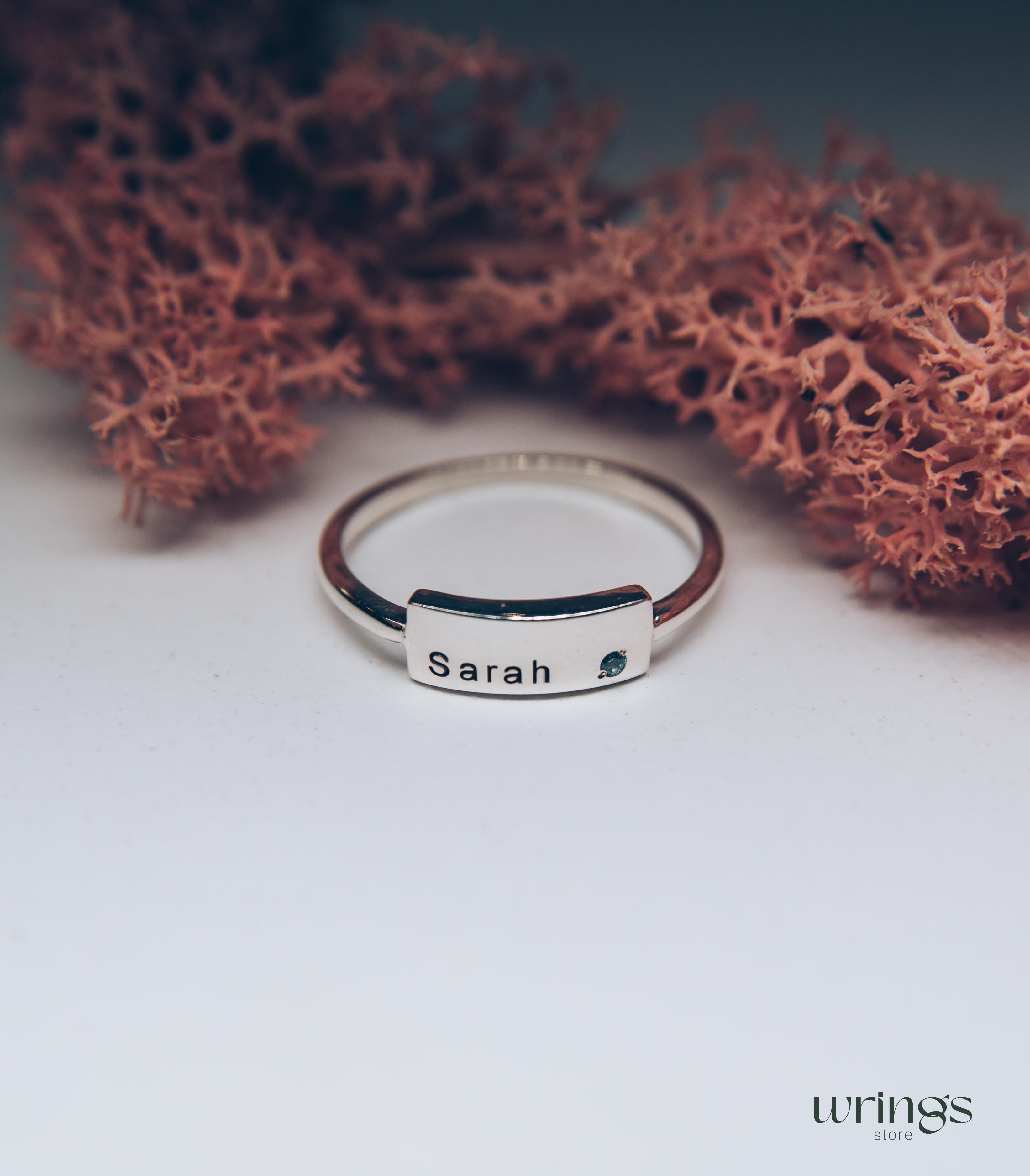 Personalized Silver Name Ring "Sarah" - Topaz & Flat Band