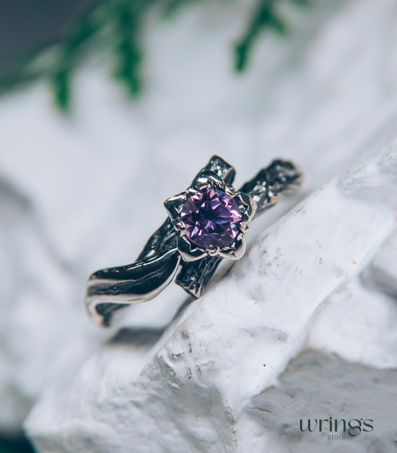 Lilac Amethyst Flower on a Silver dainty Twig Ring for Her