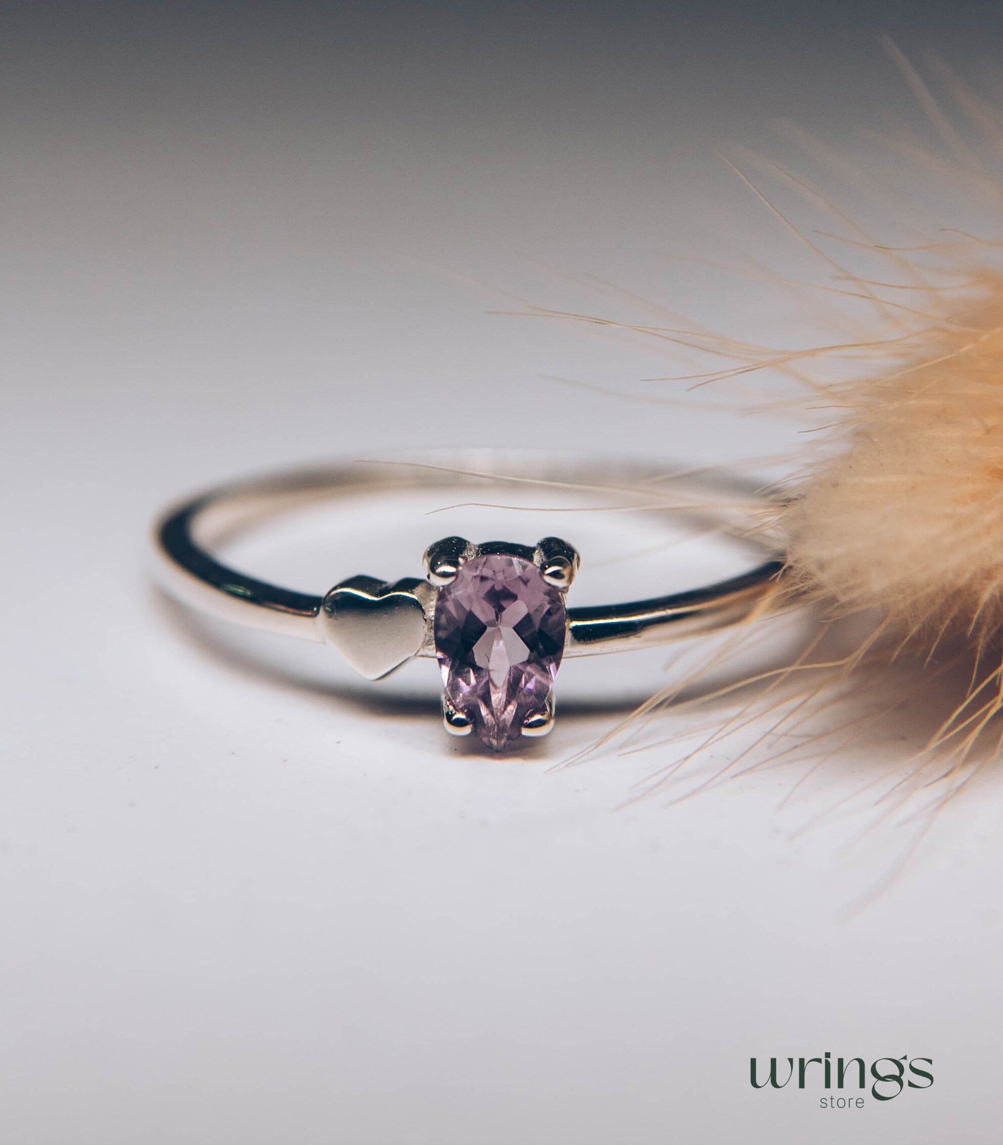 Pear Amethyst Silver Engagement Ring & Side Heart