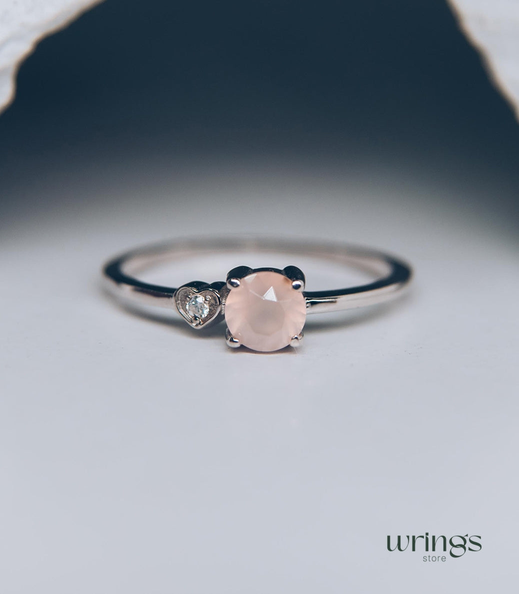 Rose Quartz Engagement Ring Silver & CZ Heart