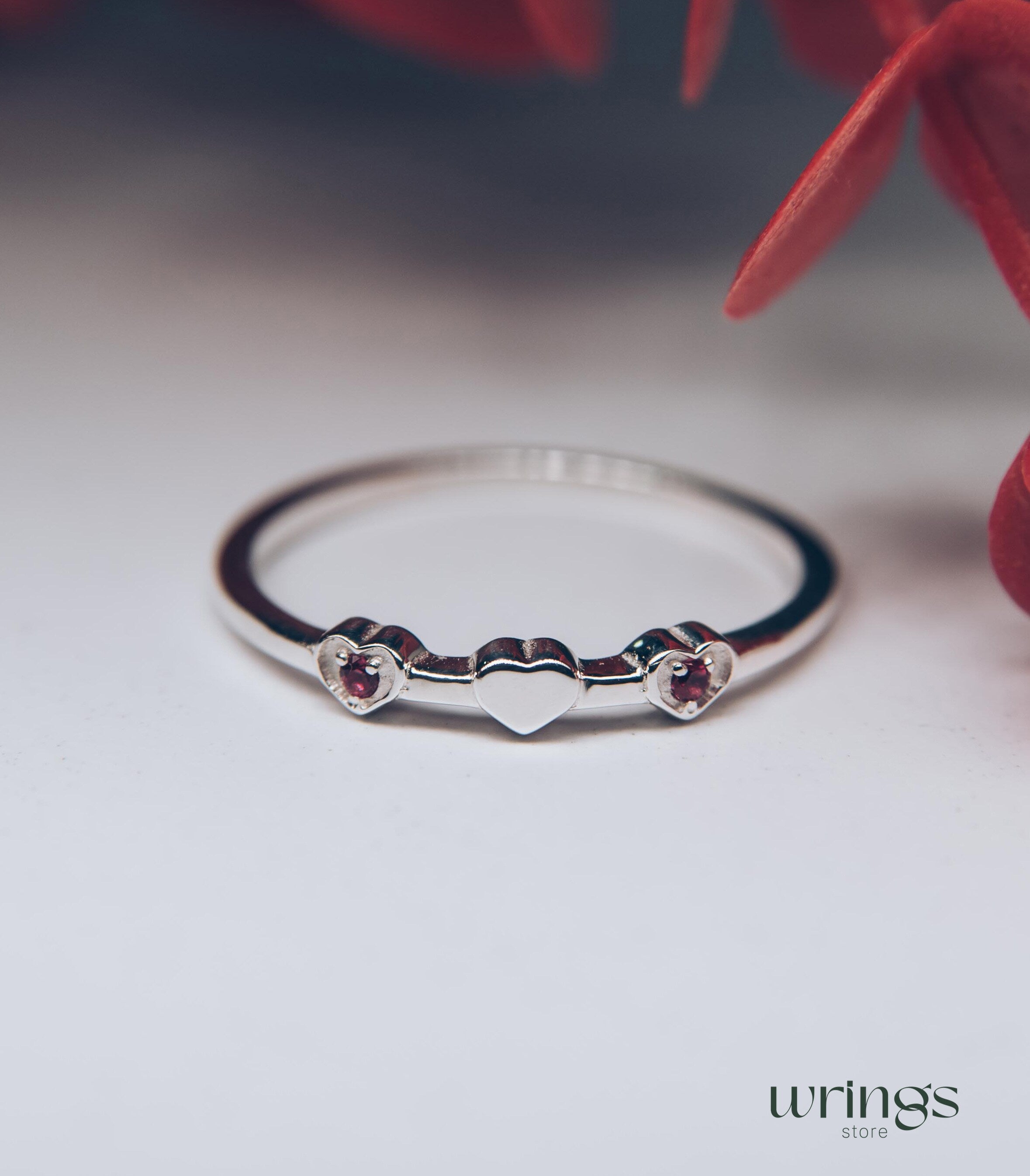 2 Real Rubies and 3 Hearts Unique Silver Promise Ring